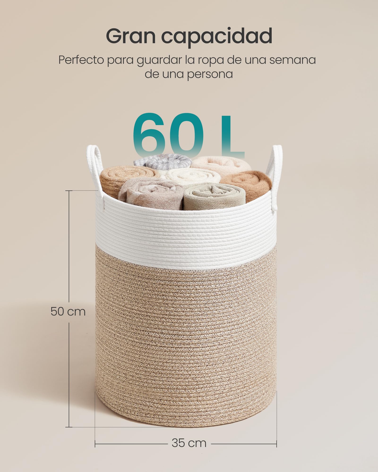 SONGMICS Cesto para Ropa Sucia 60 L Cuerda de Algodón 35 x 35 x 50 cm Blanco y Marrón Grisáceo