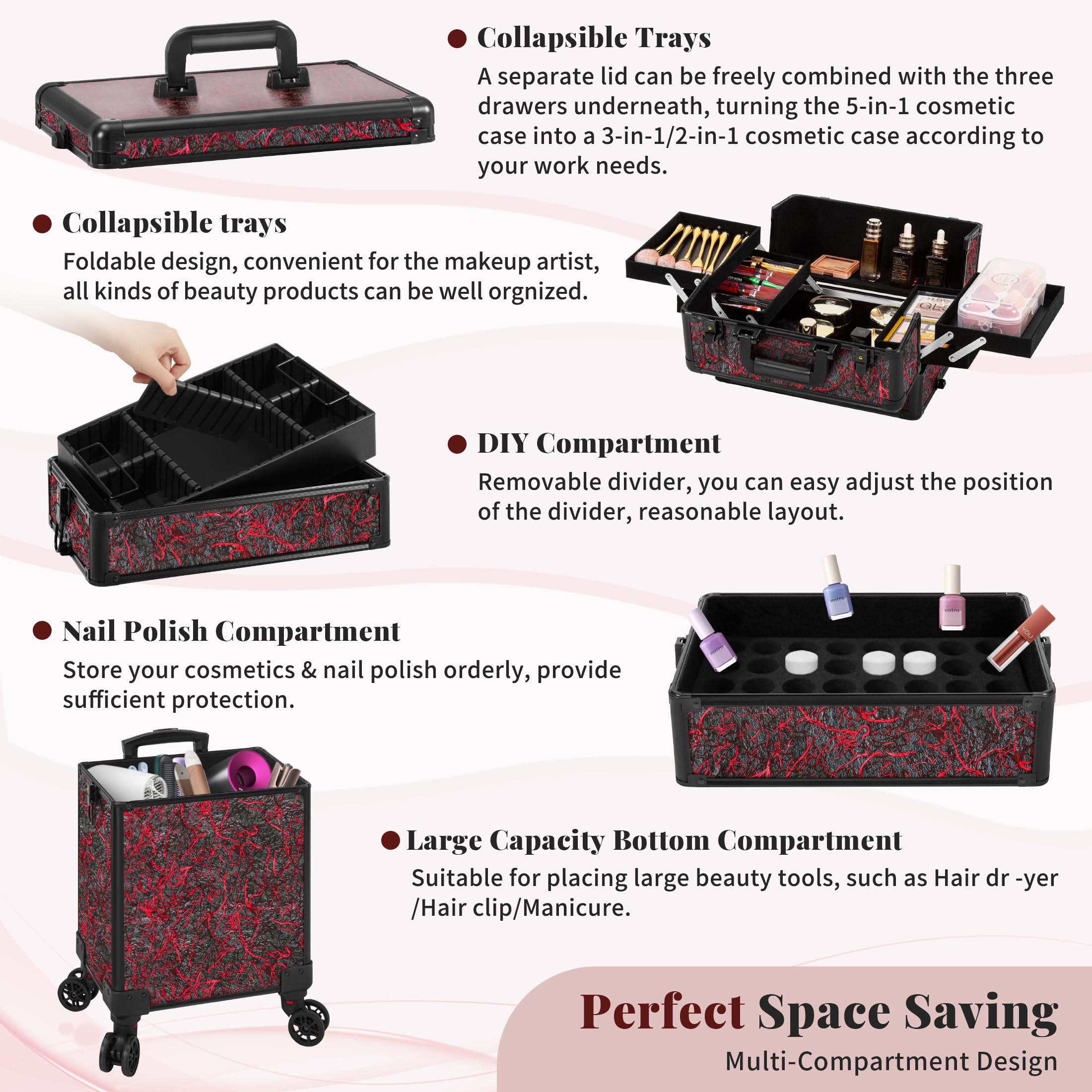 Arous 5-in-1-Kosmetik-Trolley mit Rollen, Abschließbar, für Friseure, Künstler, Reisen, Nägel, Rot, Make-up-Tasche zum Rollen