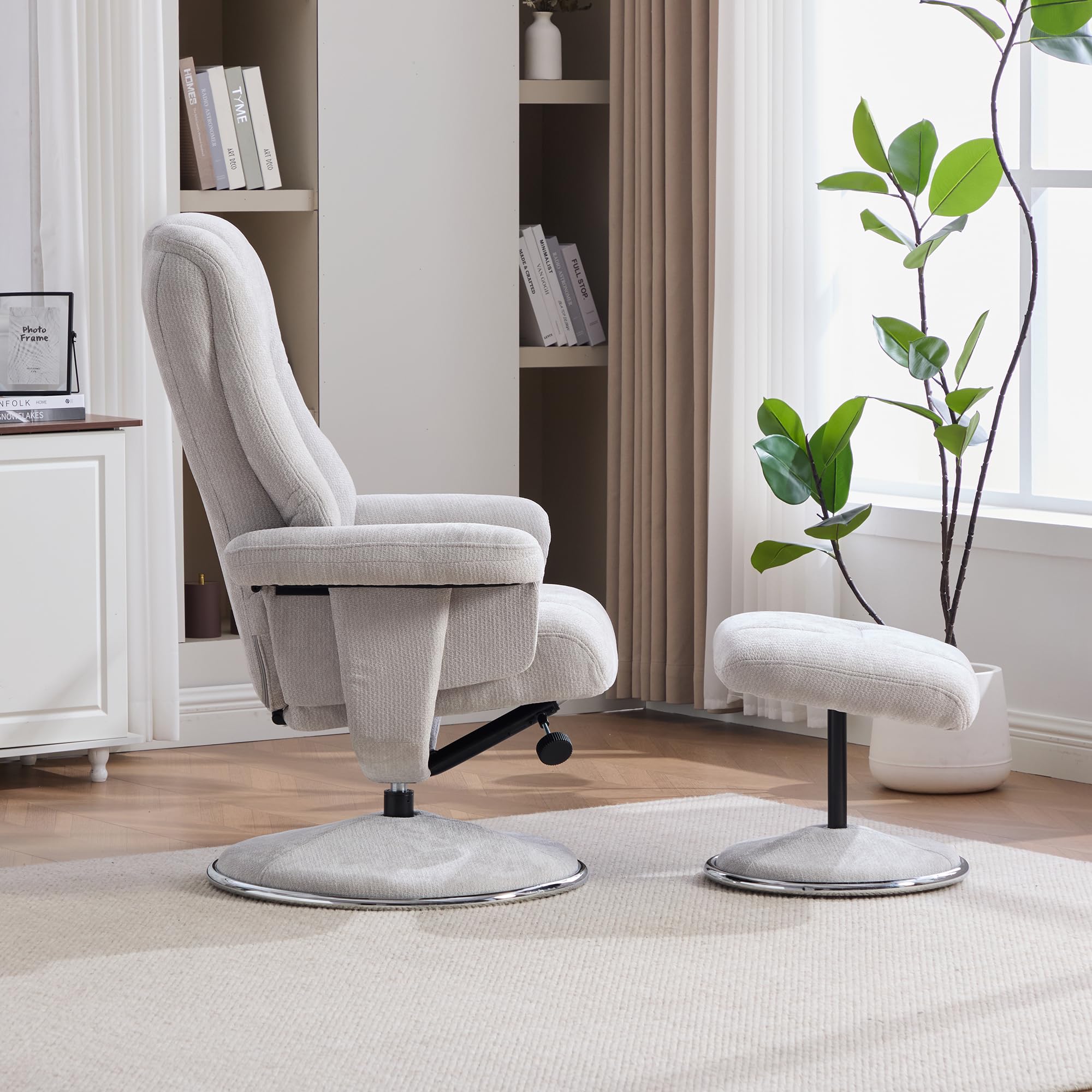 REXO Poltrona relax girevole multifunzionale con sgabello, tessuto di ciniglia, base interamente in metallo, rivestita in tessuto, estetica, stabile e affidabile, colore grigio