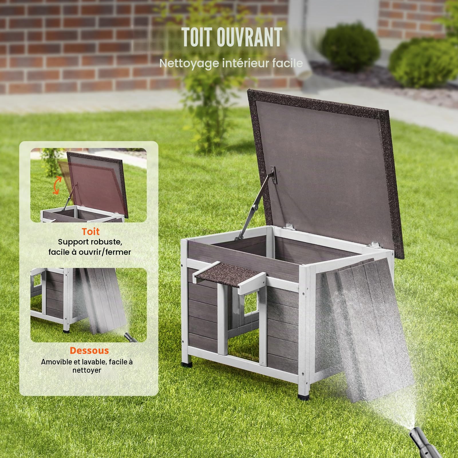 VEVOR Maison pour Chat d'Extérieur, 600x530x465 mm, Niche pour Chats en Bois, Résistante aux Intempéries, avec Fenêtre, Toit Ouvert, Porte à Rabat en PVC, Cabane Abri pour Plusieurs Chats Sauvages