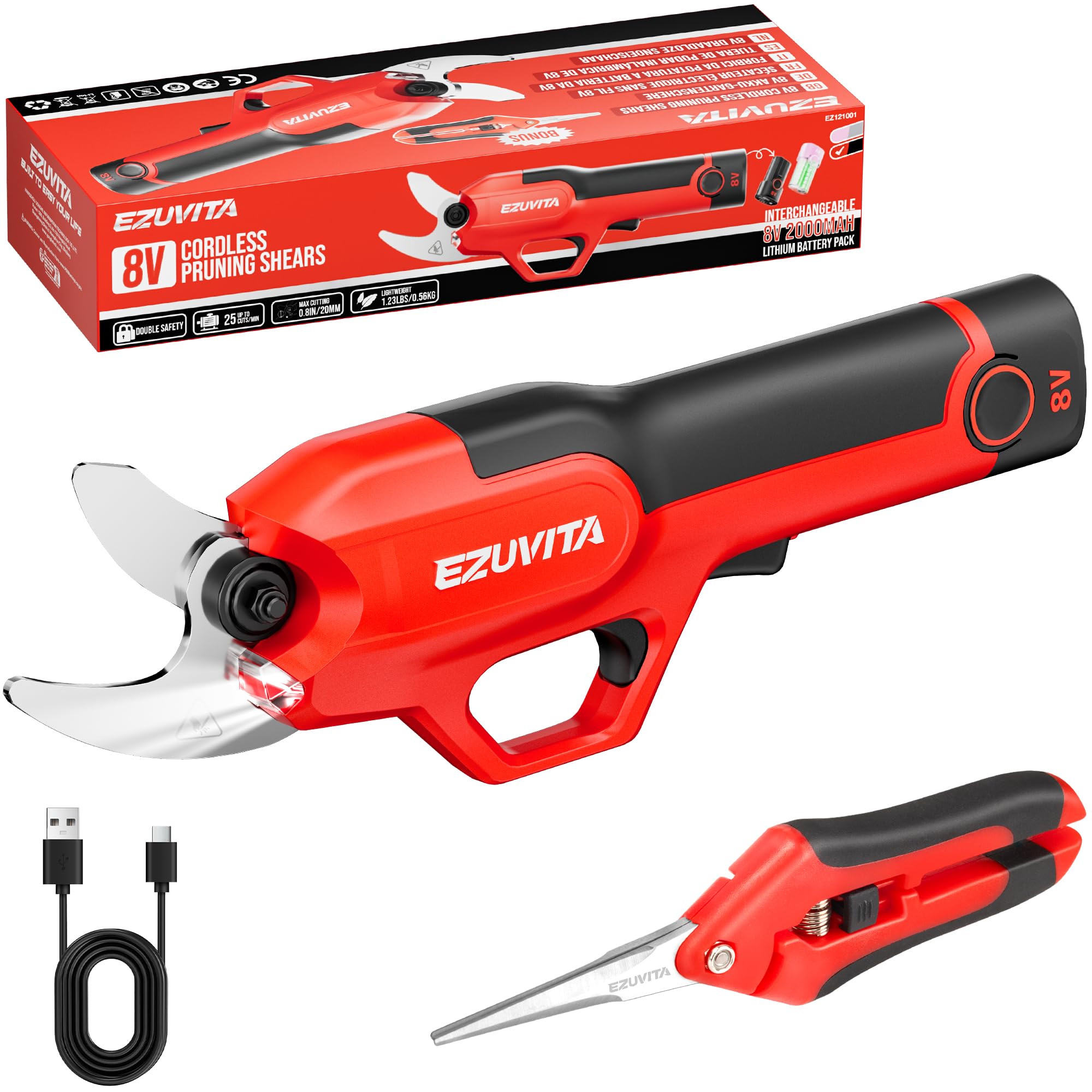 Sécateur Électrique sans Fil 25mm, Sécateur à Batterie avec Lame SK5, Batterie Amovible 2000mAh, Coupe-Branches Électrique avec Sécateur Manuel, pour Jardin, Arbres Fruitiers, Vigne (Rouge)