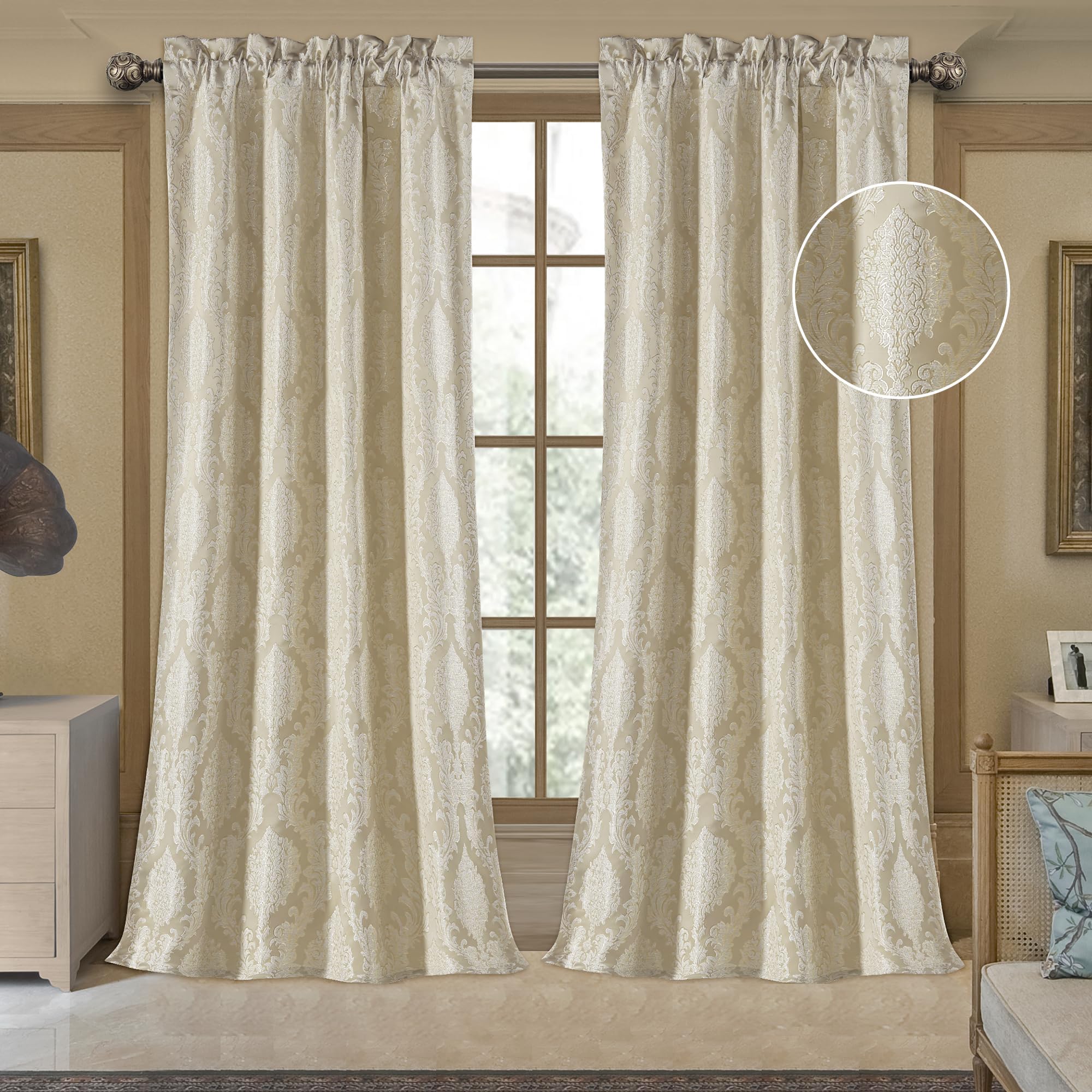 Loom and Mill Luxury Jacquard Curtains for Bedroom, Beige Damask Curtains 2 Panels with Tiebacks, Elegant Window Curtain for Living Room Holiday Banquet Decor(52”Wx 108”L, 2 Panels)