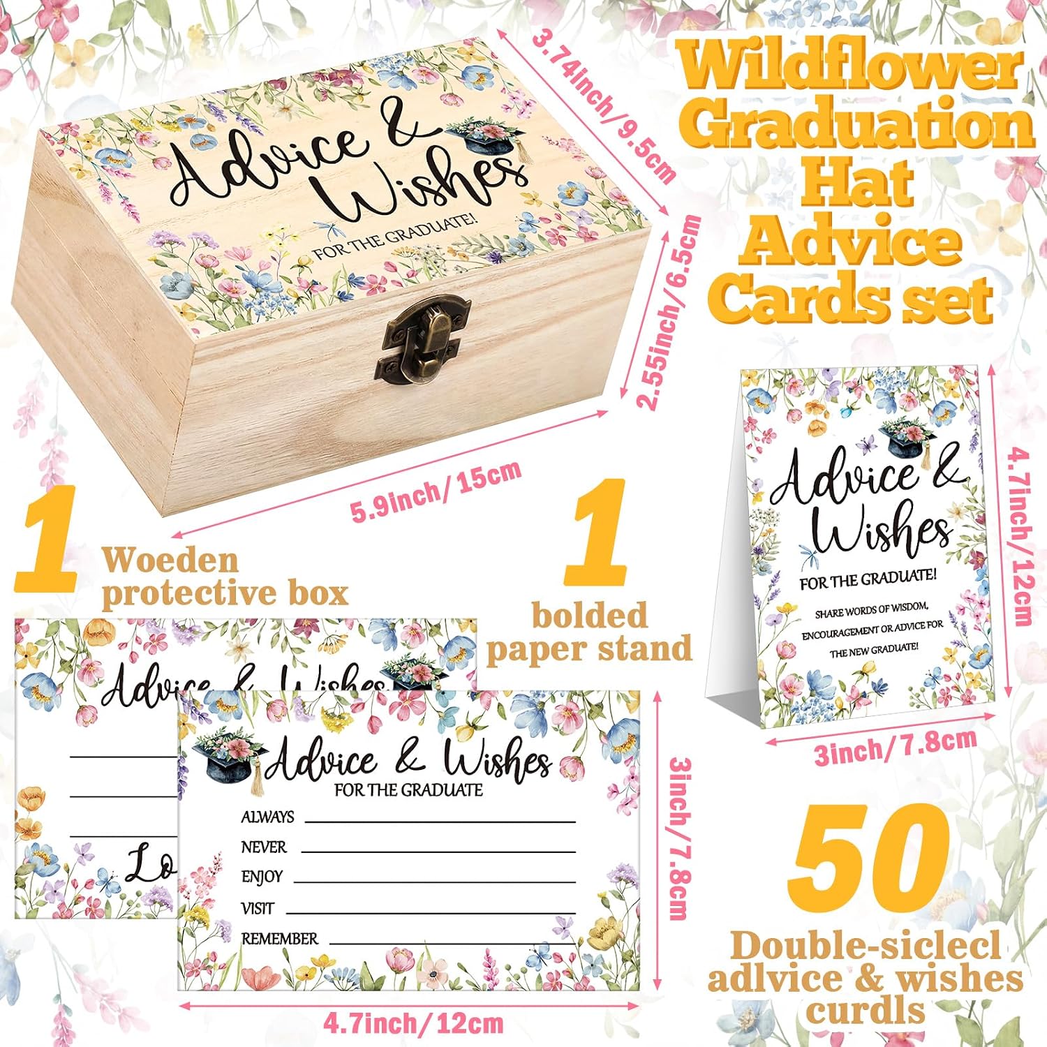 Tinlade Wildflower Graduation Advice and Wishes Cards for 2026 Graduation Decorations Wildflower Wooden Box with 50 Pcs Advice Cards for College, High School, University Grad Party Favors
