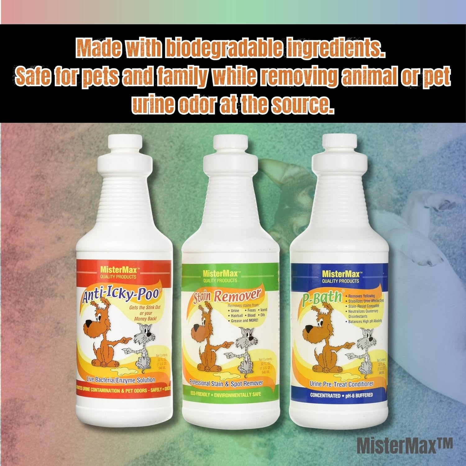 Mister Max Anti Icky Poo Pet Enzyme Cleaner - Cat & Dog Urine Odor Remover, Stain Remover, & P-Bath Urine Pre-Treat Conditioner - Complete Spray Set