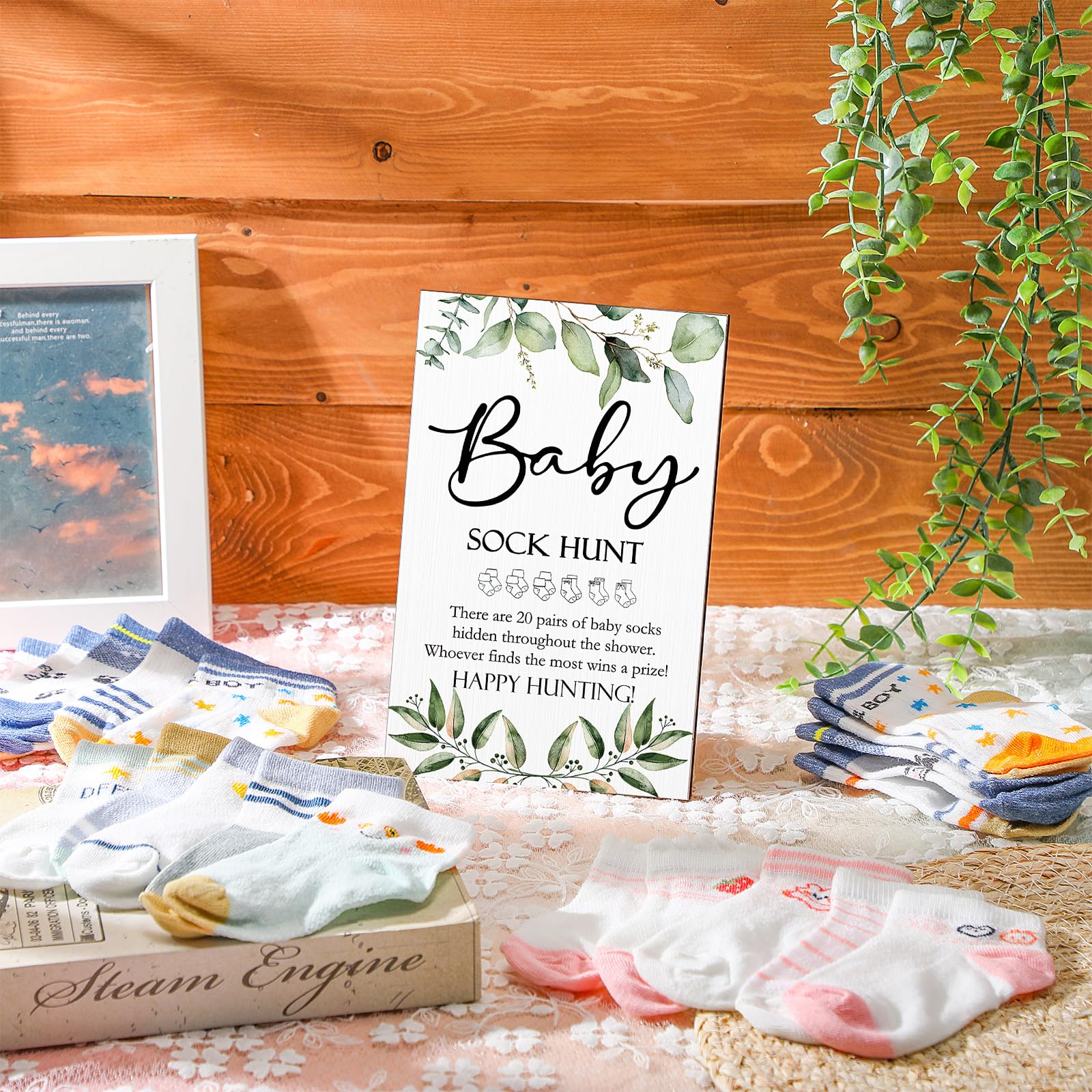Hoteam 21 Stück Babyparty-Spiele, inklusive Babysocken, Jagdschild und 20 Paar kleine Baumwoll-Babysocken, Holz-Tischschild mit Halter für Jungen und Mädchen, Geschlechtsoffenbarung, Partygeschenke