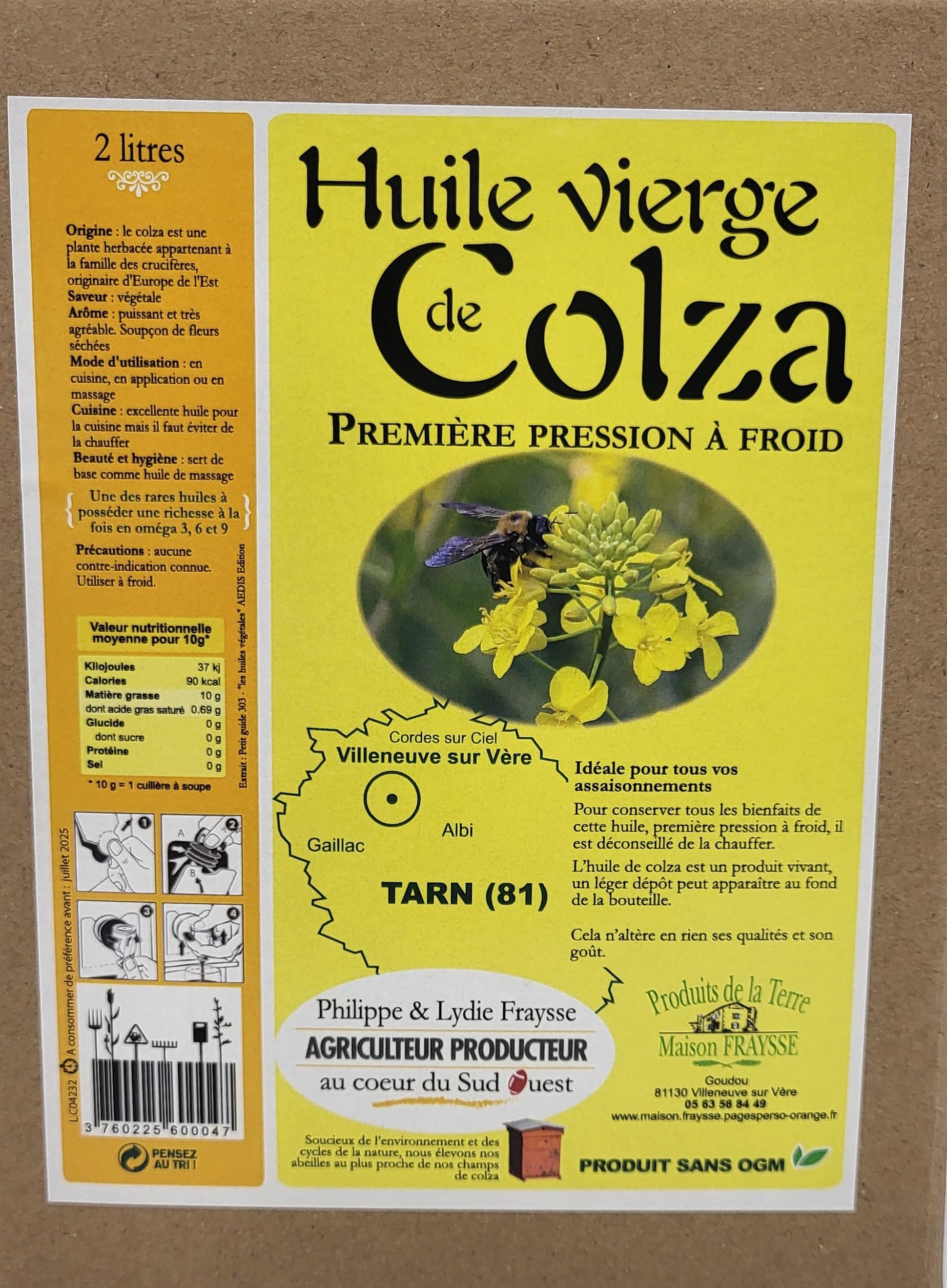 Lot d'huiles alimentaires Direct Producteur - BIB 3 litres Tournesol et BIB 2 litres de Colza - Huile de qualité supérieure