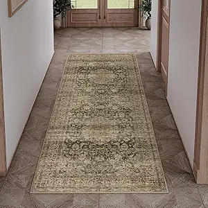 2x5 Washable Green Vintage Runner Rug for Kitchen Hallway Non-Slip Low Pile Soft Thin Carpet Traditional Retro Distressed Accent Throw Rug for Entryway Bathroom Indoor Bedroom