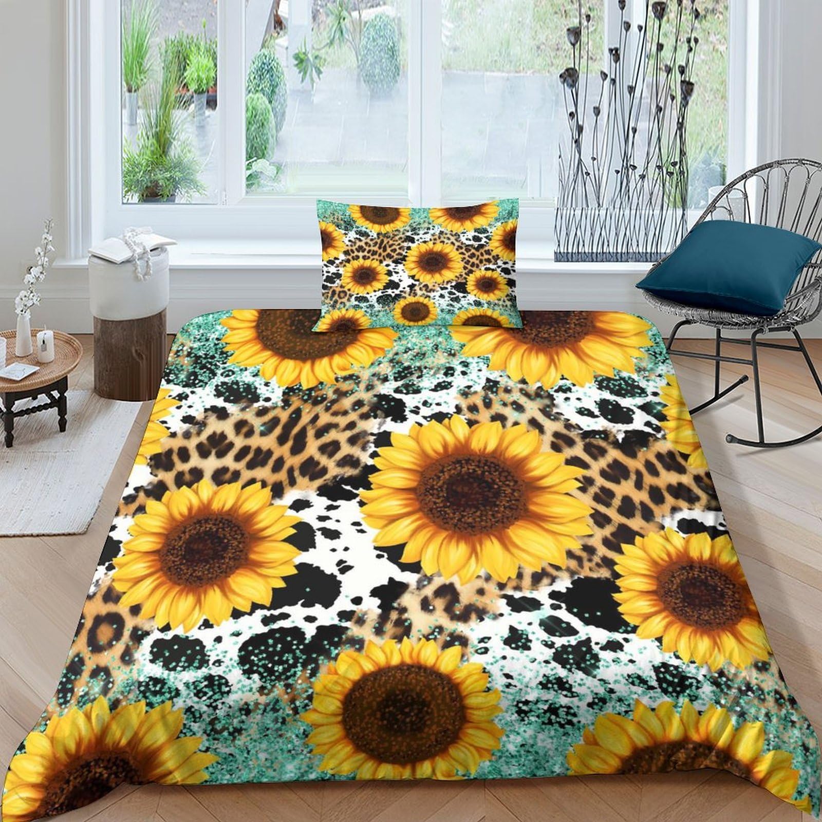 Couette chrysanthème 3D microfibre motif végétal parure de lit zippée 135x200cm