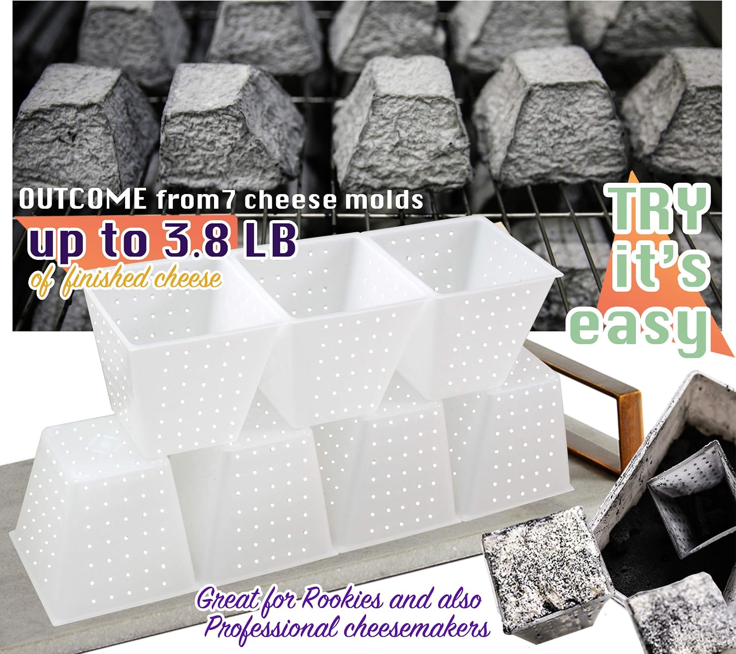 7 pcs Small Cheese Mold Pyramid 0.45QT - Soft Cheese Mold for Cheese Making - Homemade Cheese Making Supplies - Cream Cheese Form Mold - Moldes Para Queso Fresco Casero - Feta Cheese Making Basket