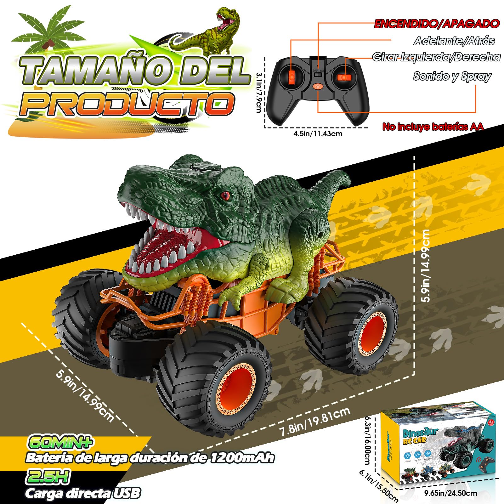 HappyGoLucky Coche Teledirigido, Monster Truck Juguetes Niños 3-10 Años Coches para Niños Juegos Regalo Niño 4-12 Años Dinosaurios Juguetes Regalo Cumpleaños Niños, Regalo Navidad Niño