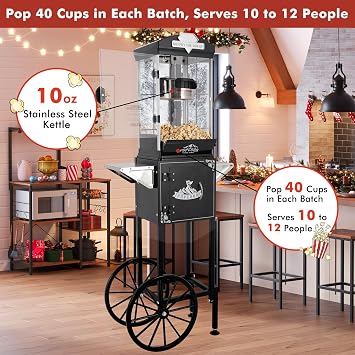 Popcorn Machine with Cart, Wheels & 10 Oz Kettle Popcorn Maker, Movie Theater Popcorn Maker Machine, Home Theater Popcorn Popper Measuring 3 Plastic Spoons