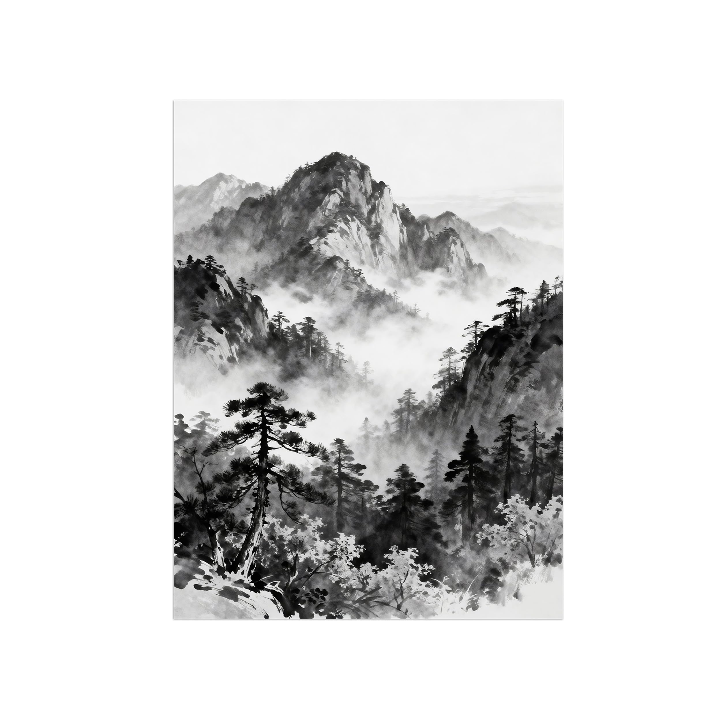 Black White Landscape Wall Art. Mountain Tree. Picture 90x117cm Framed