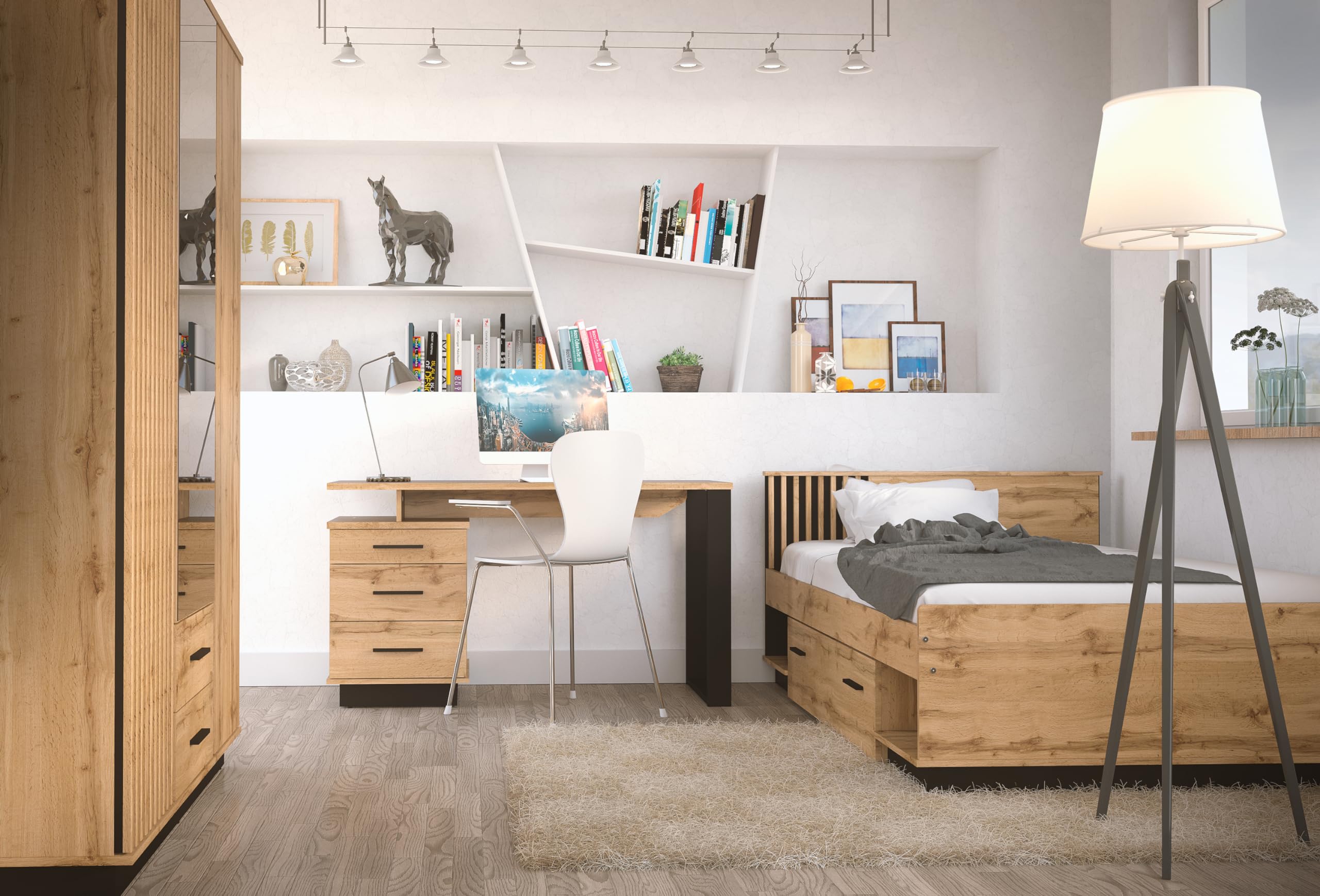 Jugendzimmer Lamelo – Kinderzimmer Komplett Set in Eiche Wotan & Schwarz Matt, optional mit 7-Zonen-Kaltschaummatratze - Verschiedene Set Varianten (3 teilig)