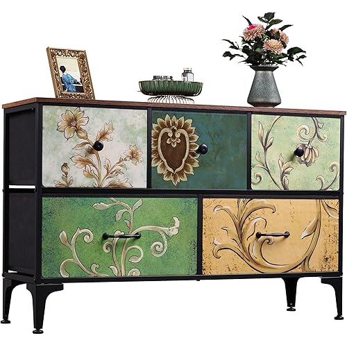 WLIVE Dresser for Bedroom with 5 Drawers, Wide Chest of Drawers, Fabric Dresser, Storage Organizer Unit with Fabric Bins for Closet, Living Room, Hallway, Floral Painted