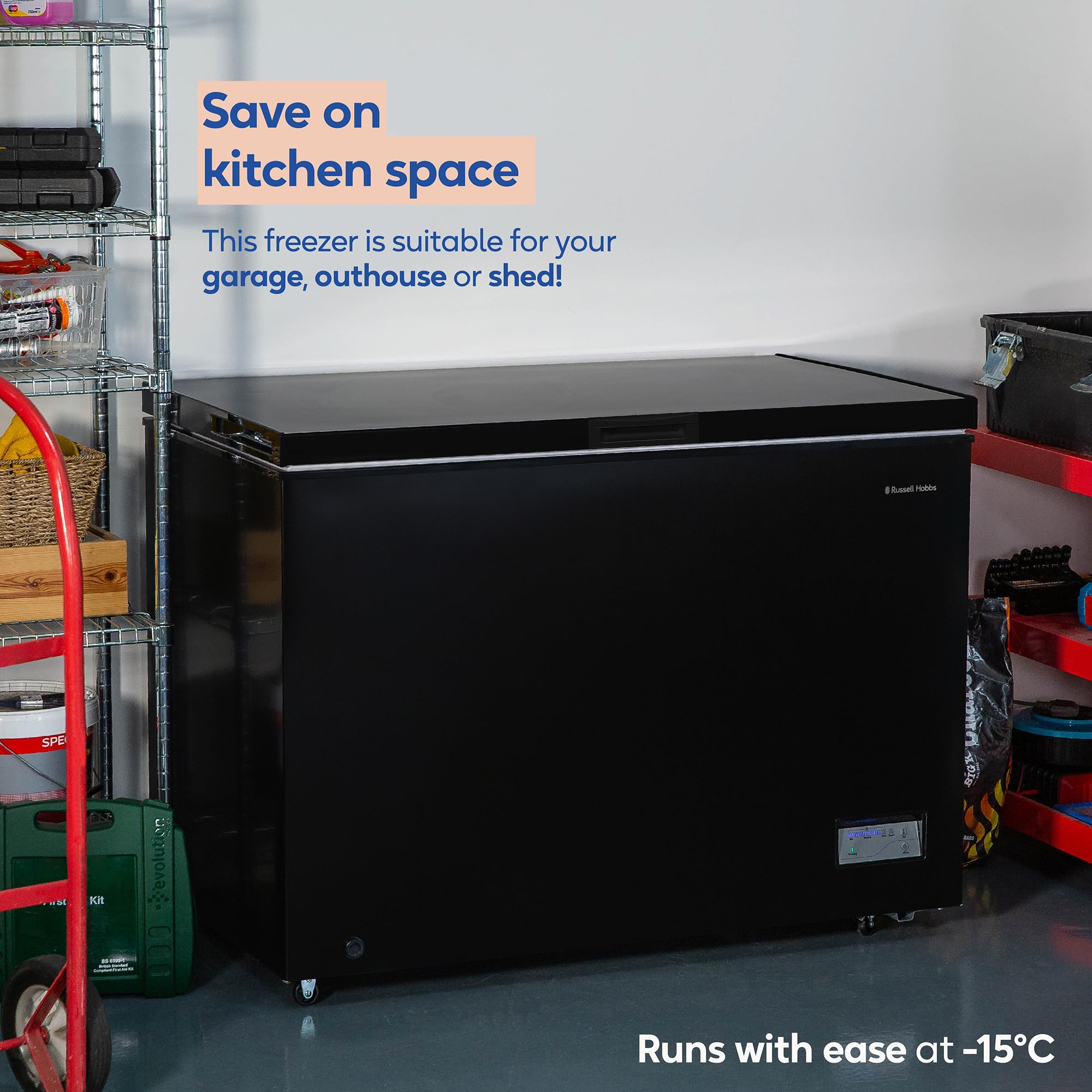 Russell Hobbs Free Standing Chest Freezer, 300 Litres, Low Noise, Garage Safe, Counterbalance Lid, Front Drain Hole, 1.8m Cord, Castor Wheels, 5 Year Registered Guarantee Black, RH300CF201B — view 7