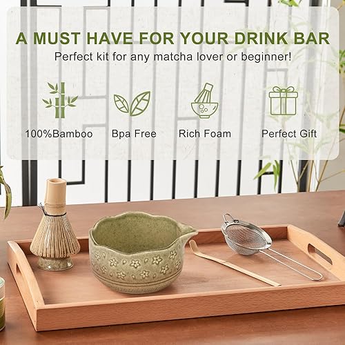 Miniatura 7 de Juego de 5 batidores de matcha, cuenco de 18 onzas con boquilla, kit de batidores de matcha de ceremonia japonesa, batidor de bambú 100% natural,