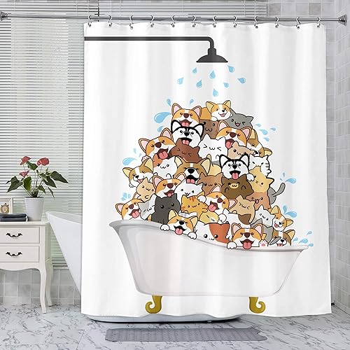 Miniatura 2 de SVBright Cortina de ducha de gatos y perros, diseño de Corgi de dibujos animados para niños, 72 pulgadas de ancho x 72 pulgadas de largo, divertidas