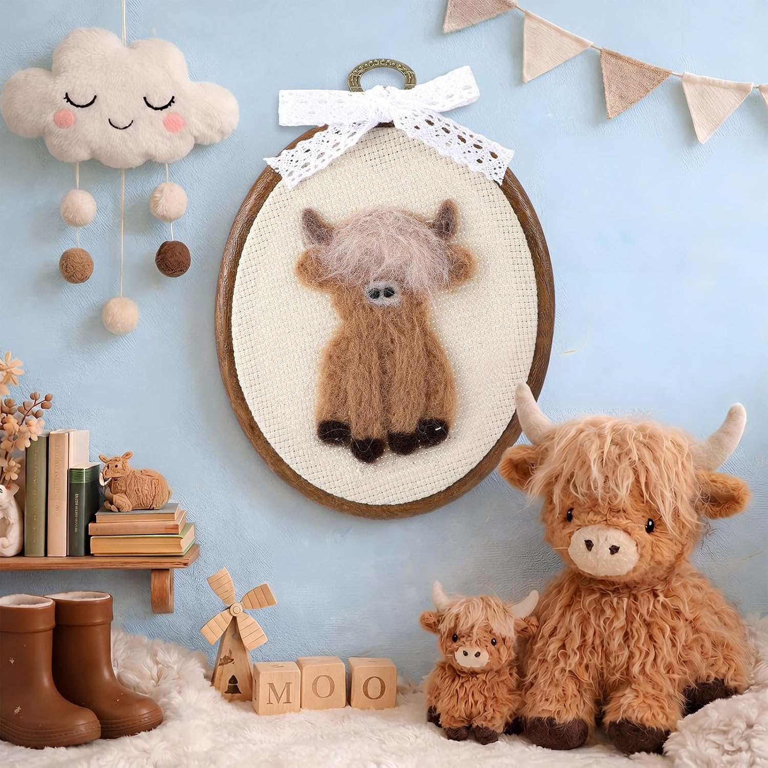 Novabright Felted Western Highland Cow Nursery Wall Decor Farmhouse Decor 6 Inch Cute Vintage Handmade Wool Highland Cow Embroidery Hoop for Nursery Bathroom Living Room Bedroom