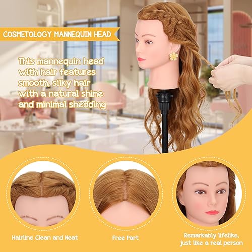 Miniatura 4 de Cabeza de Maniquí de 26-28'' con 80% Cabello Humano con Soporte Trípode Ajustable, Cabeza de Muñeca de Cosmetología para Trenzado, Cabeza de Maniquí