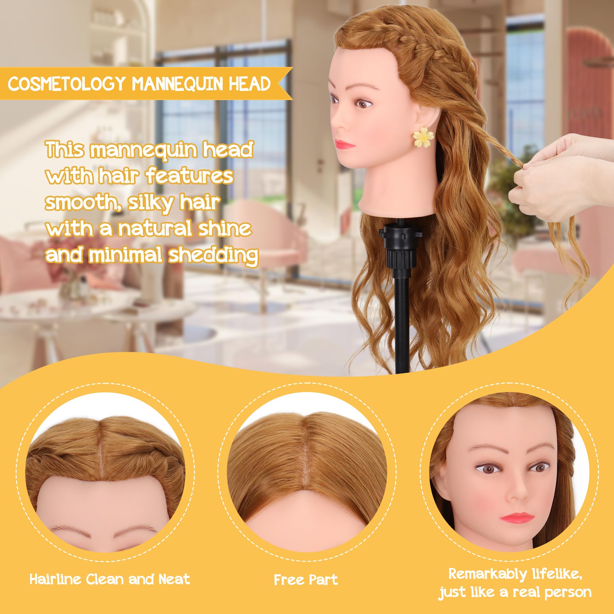Cabeza de maniquí con 80% cabello humano de 26 a 28 pulgadas, cabeza de práctica de maniquí de cosmetología con cabello humano, cabeza de muñeca para trenzar peinado, corte con abrazadera y 5