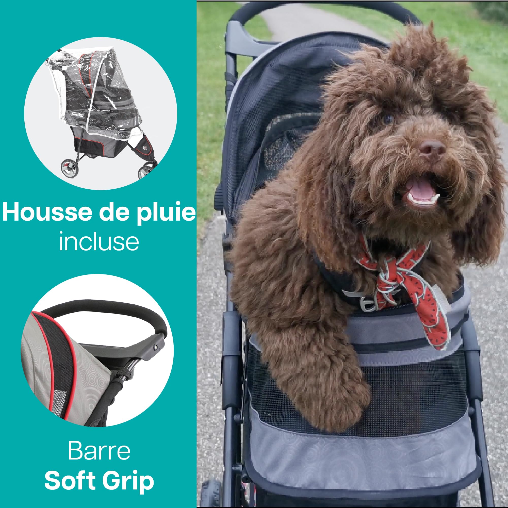 Poussette légère Innopet Avenue pour chiens et chats, gris/rouge - Poussette urbaine compacte pour animaux de compagnie avec housse de pluie, sangles de sécurité et panier de rangement