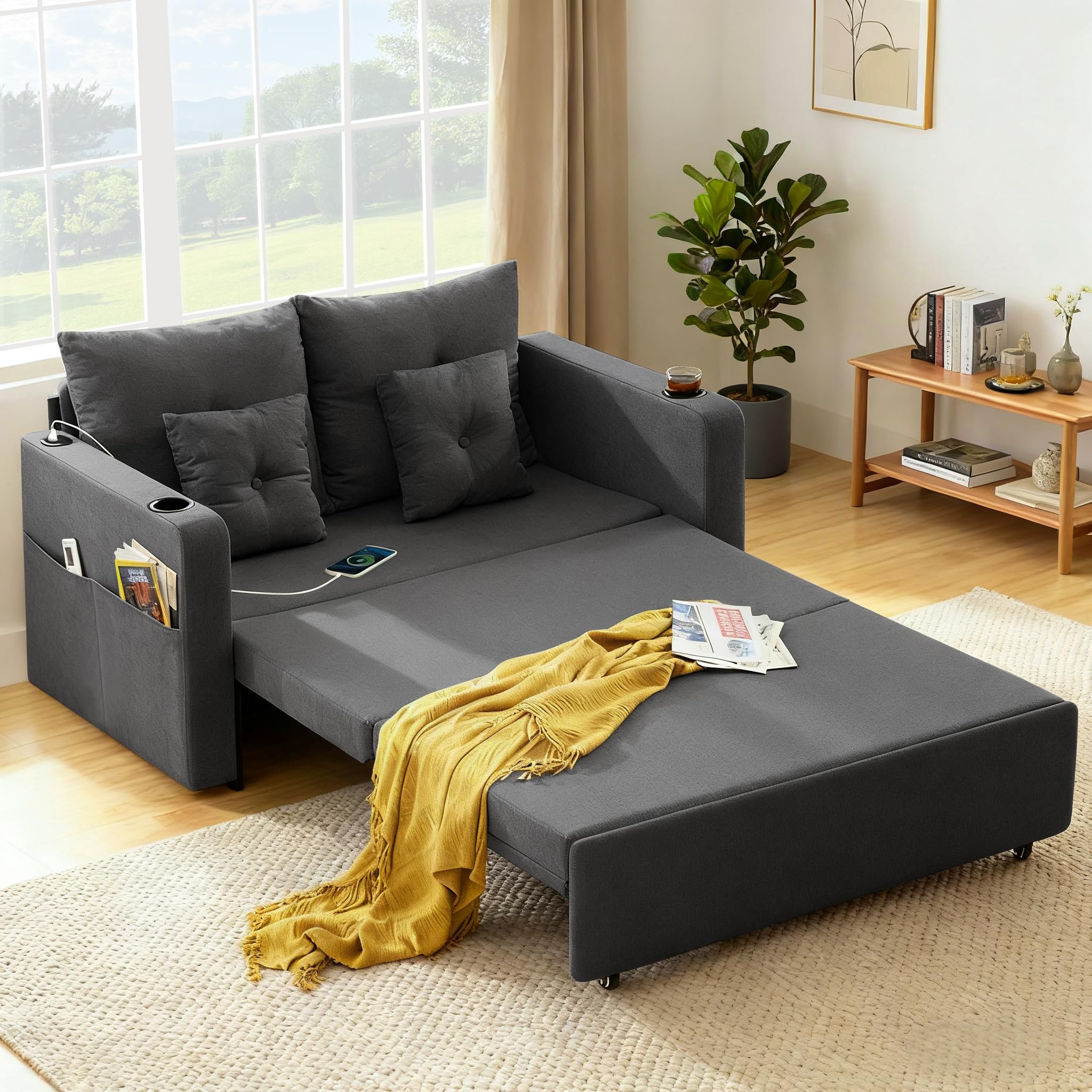 Busaurus 3 in 1 Convertible Sofa Bed, 56" Full Size Loveseat Sleeper Sofa Couch Bed, Sleeper Sofa Bed with Storage Pocket, USB, Comfy Pull Out Sofa