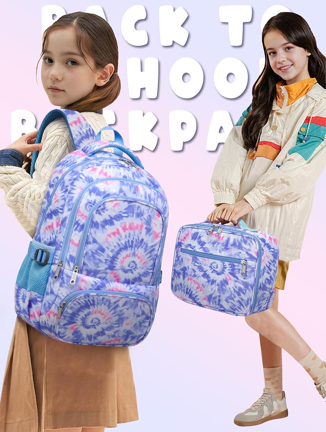 BLUEFAIRY Kids Backpack with Lunch Box for Girls Boys Elementary Primary Middle School Bag with Lunch Bag Set 17 Inch Bookbag Mochilas Escolares para Niñas Niños (Tie-dye, Light Violet) - Image 3