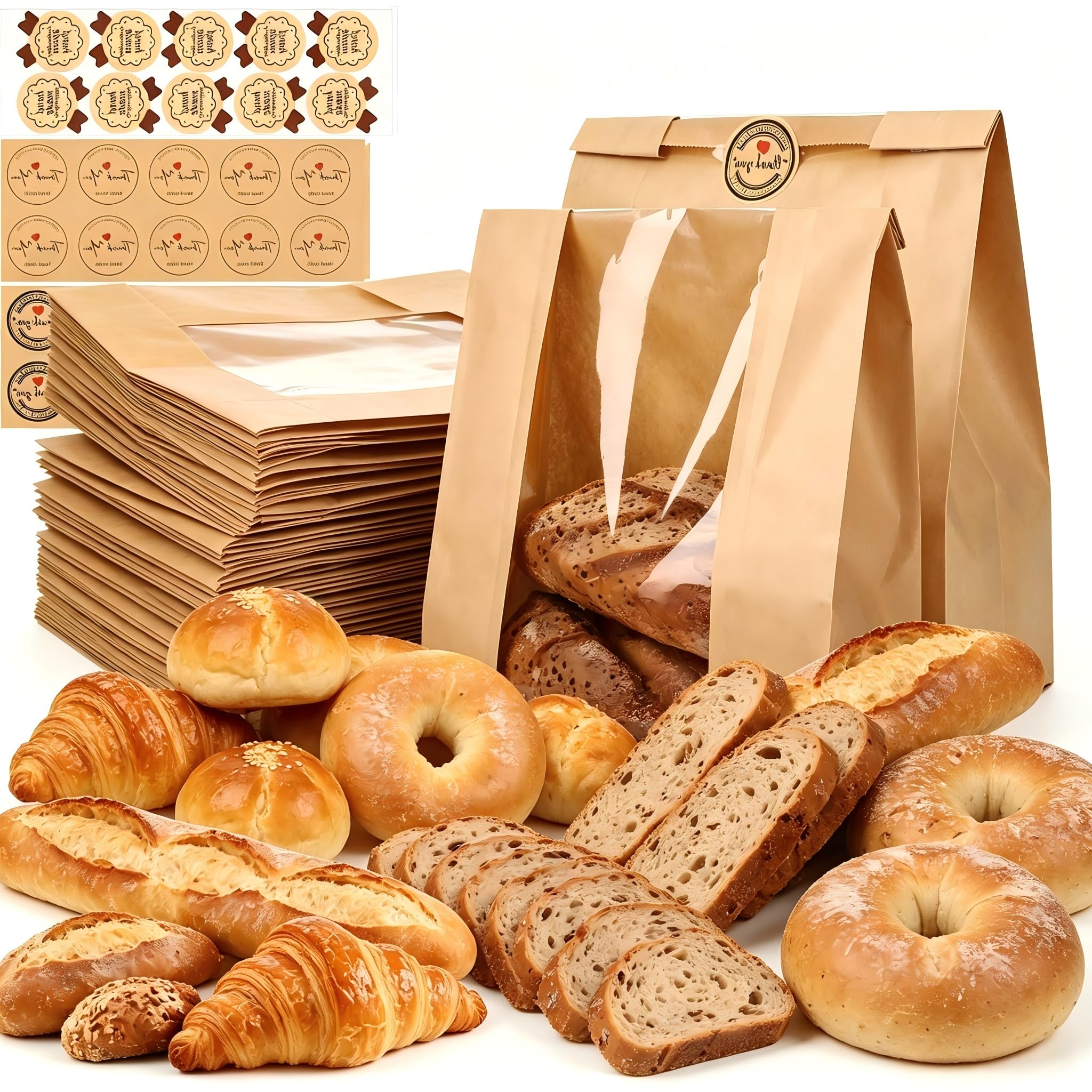 50 Pack Paper Bread Bags with Window for Homemade Bread, Large Sourdough Bakery Bags 13.78x8.27x3.5 Inch, Kraft Paper Sandwich Bags with Thank You Stickers for Storage Bread Cookies Snacks
