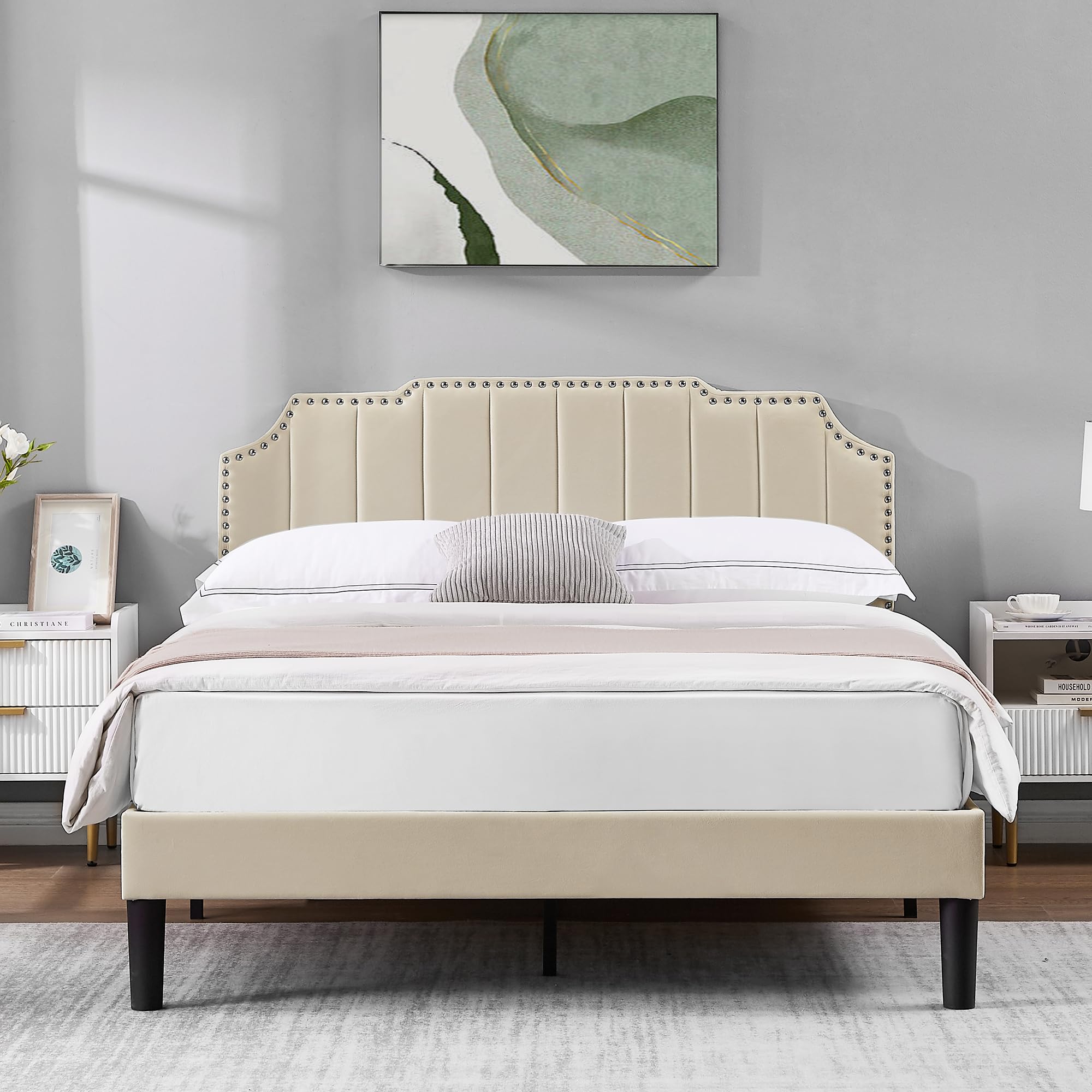 VECELO Full Size Upholstered Platform Bed Frame with Tufted Adjustable ...