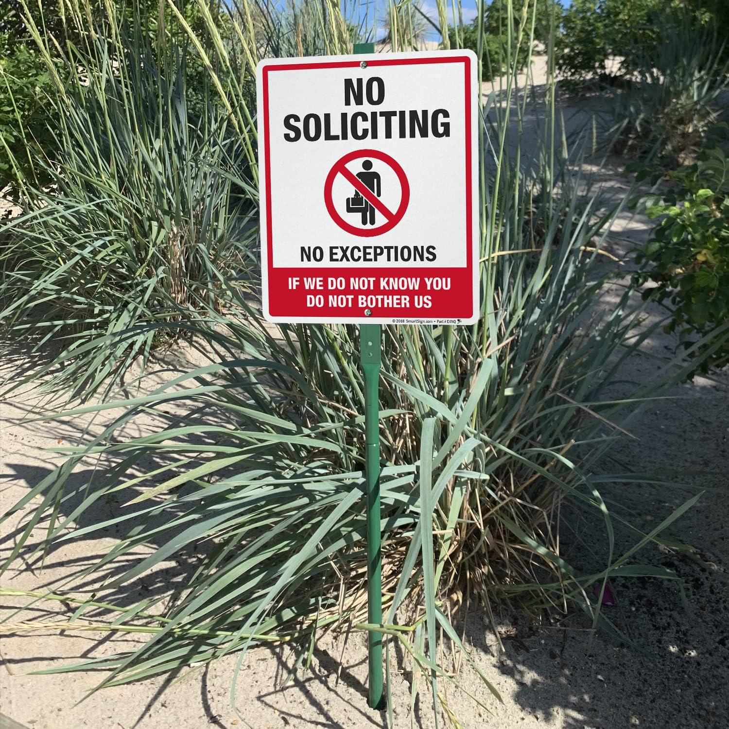 SmartSign 12 x 10 inch “No Soliciting - If We Do Not Know You Do Not Bother Us, No Exceptions” Yard Sign with 3 foot Stake, 40 mil Laminated Rustproof Aluminum, Red, Black and White, Set of 1, USA-Made