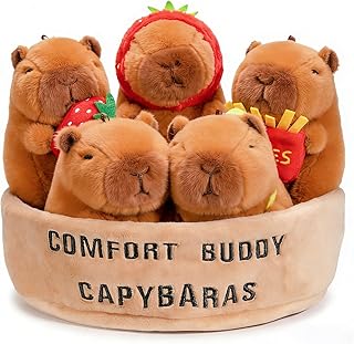Emotional Support Capybara Plush Set, 5 Soft Squishy Toys Stuffed Animal with Carrying Basket, Cute Cuddly for Loved Ones of All Ages, Stress Relief Funny Gifts (Capybara)