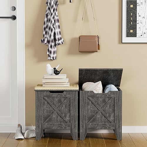 Miniatura 3 de VECELO Baúl de juguete con bisagras de seguridad de metal, banco otomano para zapatos de entrada para almacenamiento con cojín de nudo de mimbre,