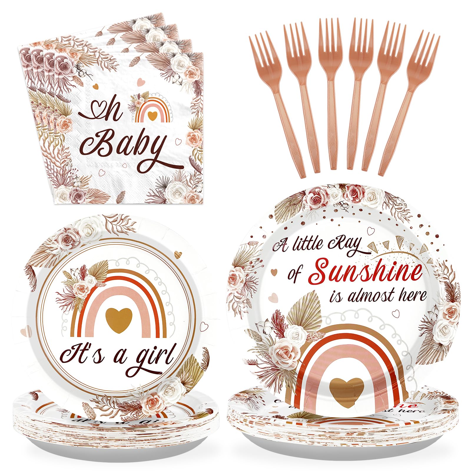 96Pcs Boho Baby Shower Decorations for Girl Boho Rainbow Baby Shower Plates and Napkins Tableware Set A Little Ray of Sunshine Baby Shower Party