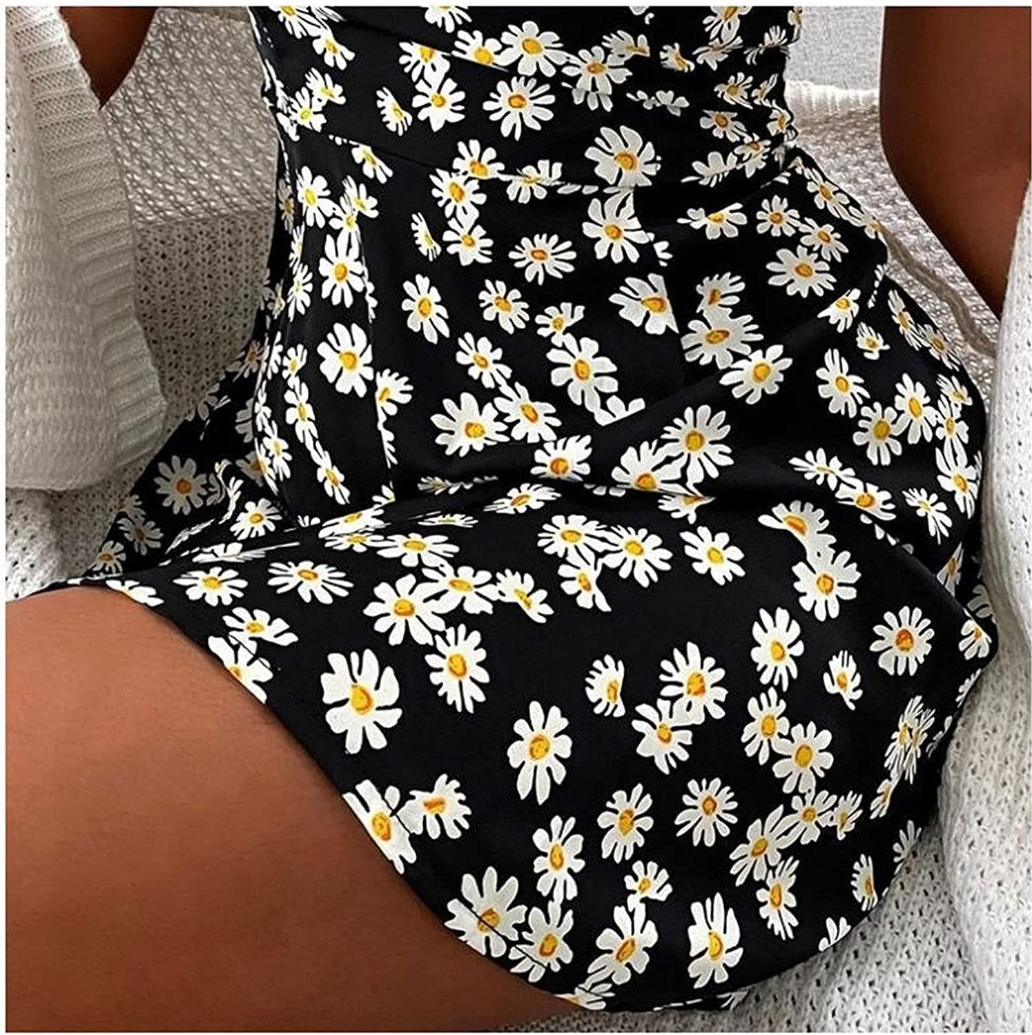 Verstellbarer Ersatz-Schultergurt, Handtaschenträger, Kleider for Damen, V-Ausschnitt, ärmellos, Spaghettiträger, kleines Gänseblümchen, lässige Mini-Swing-Kleider, Sommerkleider (Farbe: Schwarz, Größ