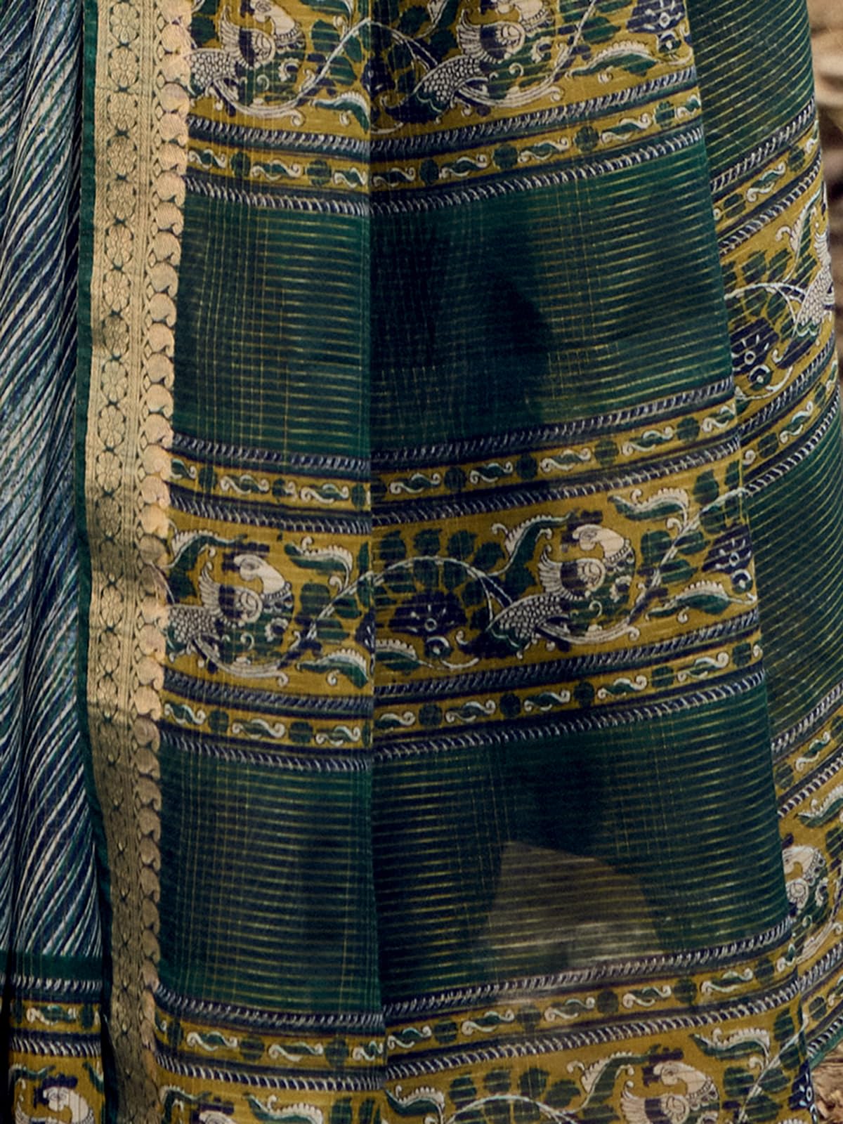 Satrani Women's Cotton Silk Printed Weaving Saree With Unstitched Blouse Piece (4103S873N_Green & Navy Blue & Multi)