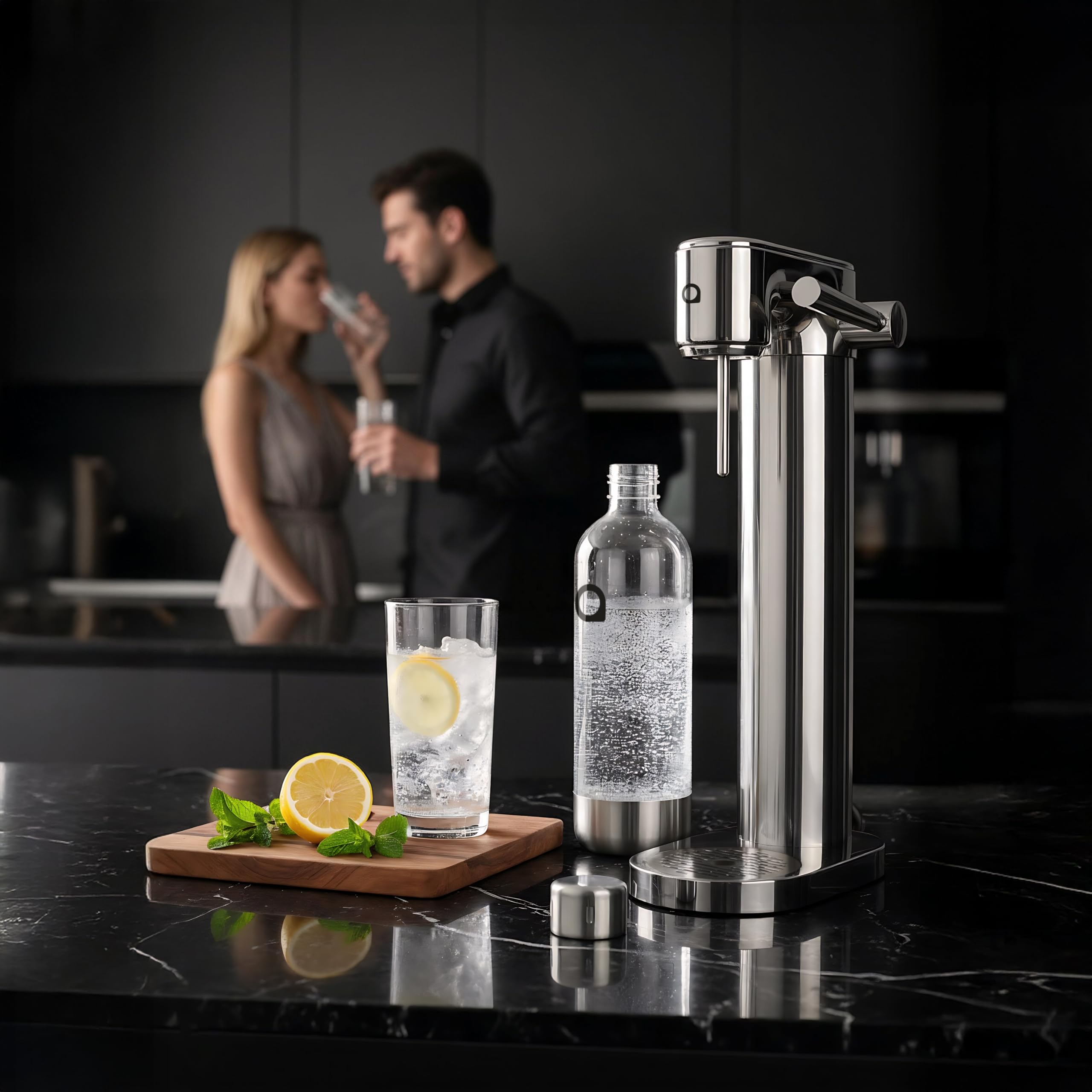Aquafloow Macchina Soda per Acqua Frizzante in Acciaio Inox – Gasatore d’Acqua a Controllo Manuale con CO₂ Ricaricabile, Bombola fino a 60 Litri, Bottiglia in Plastica Senza BPA con Base Inox