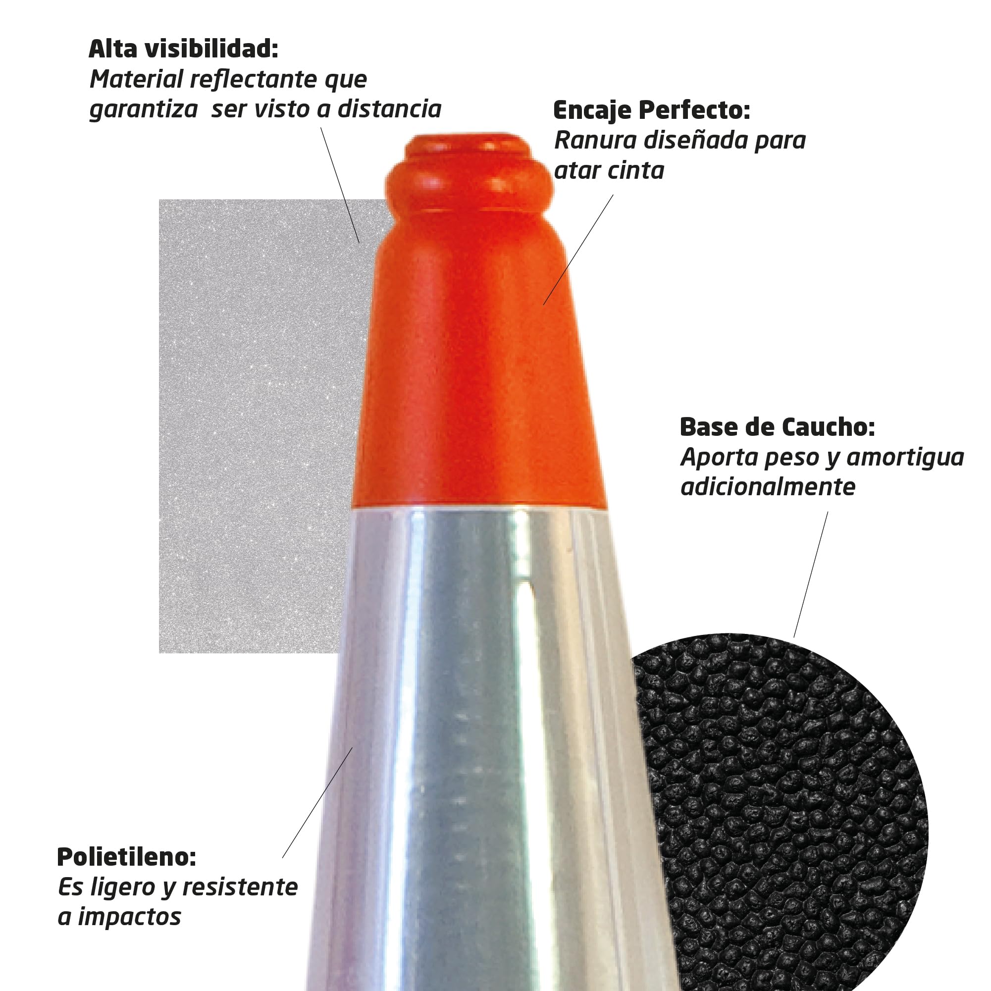 Pack Señalización - 4 Conos Tráfico 75cm Base Goma + 2 Cintas Balizamiento 200m Galga 200- Señalización Reflectante para Obra, Parking, Estacionamiento, Tráfico, Entrenamiento, Advertencia- 75x38x38cm