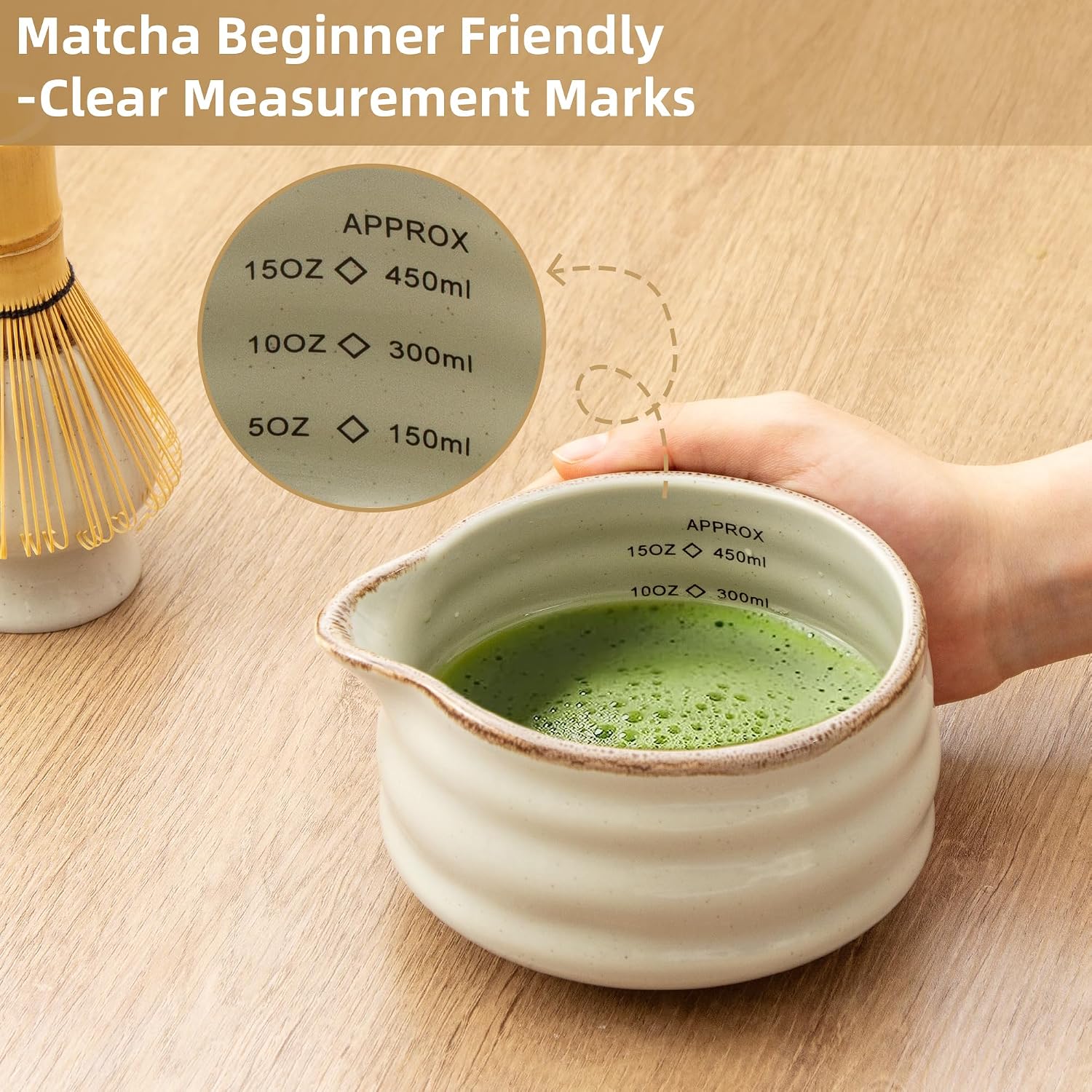 Ceramic Matcha Bowl with Bamboo Whisk Holder, Grey, Set of 2