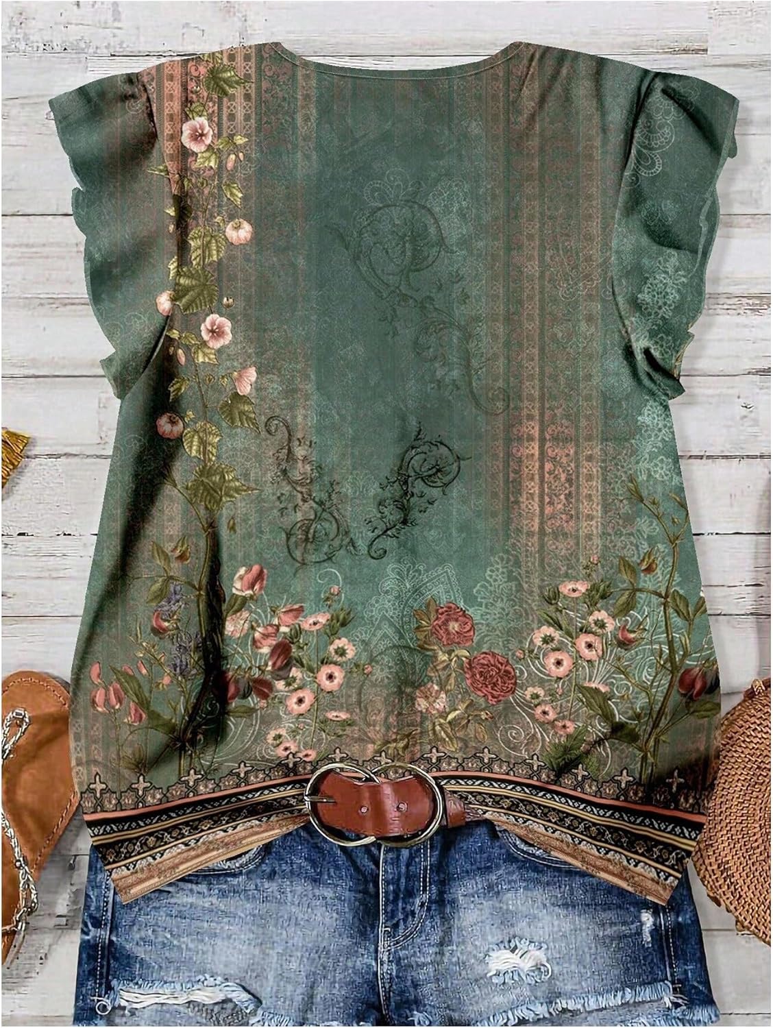 SOLY HUX Women's Floral Tops V Neck Ruffle Cap Sleeve Summer Casual Work Blouse - Image 2