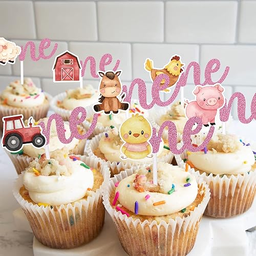 Miniatura 6 de Decoración para cupcakes de animal de granja, 24 piezas, purpurina rosa, para primer cumpleaños, cupcakes, acuarela, bebé, decoración temática de