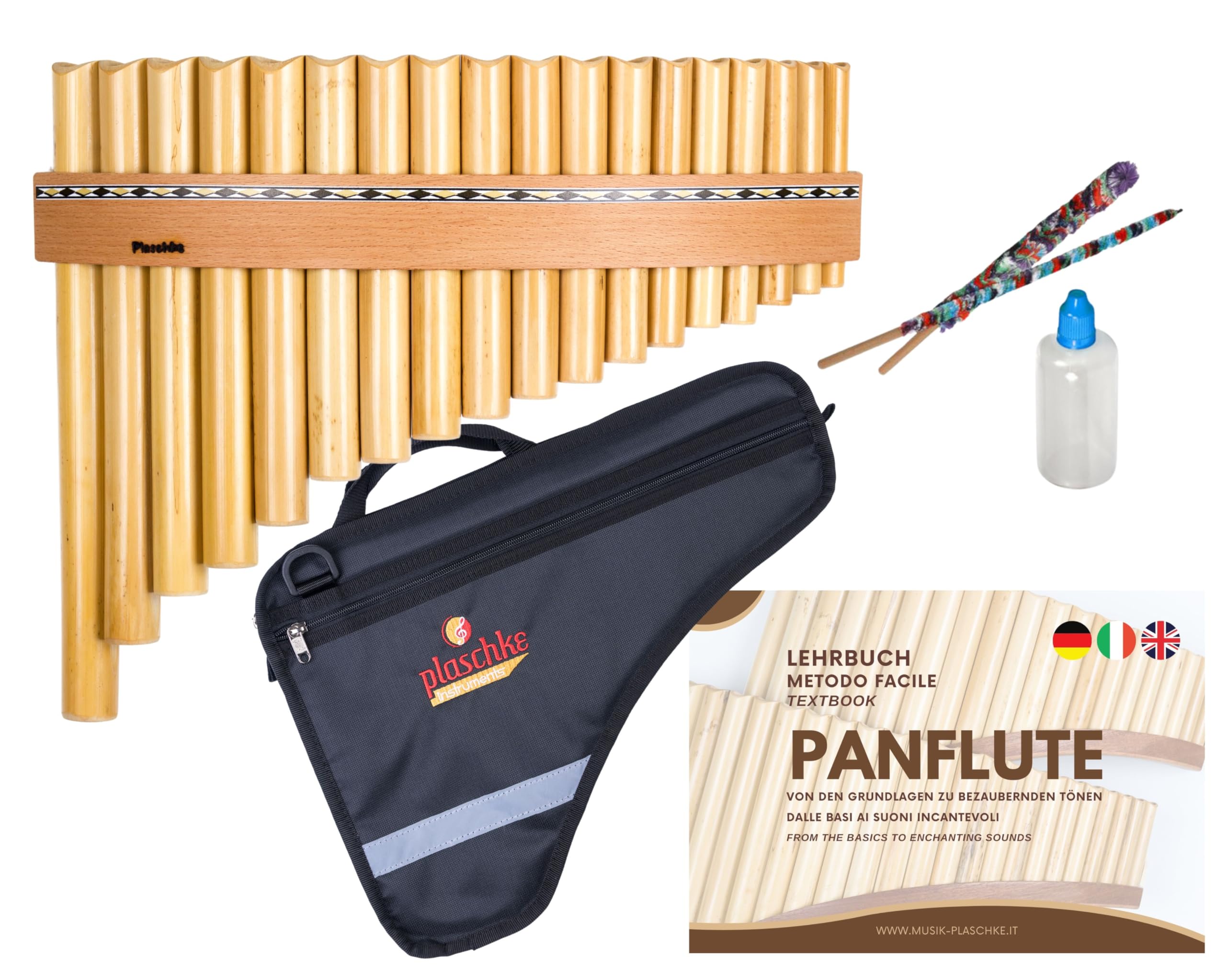 Plaschke Flauto di Pan dell`Alto Adige, kit von custodia, libro didattico e set di cura, 18 toni- Sol