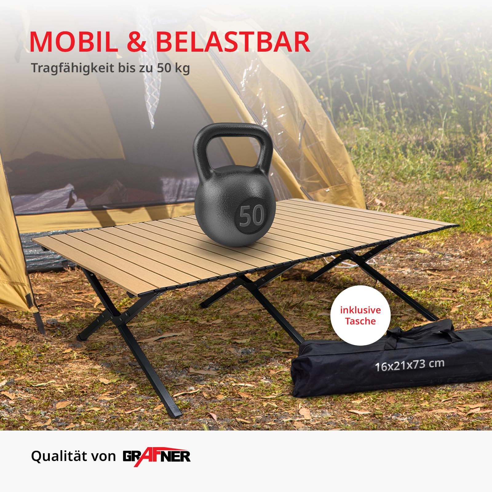 Grafner XXL Campingtisch in Holzoptik klappbar, 118 x 58 x 43 cm, niedrige Ausführung, kleines Packmaß mit Tasche, stabil und tragbar, bis 50 kg, Carbonstahl, Rolltisch Klapptisch Picknick Tisch Holz