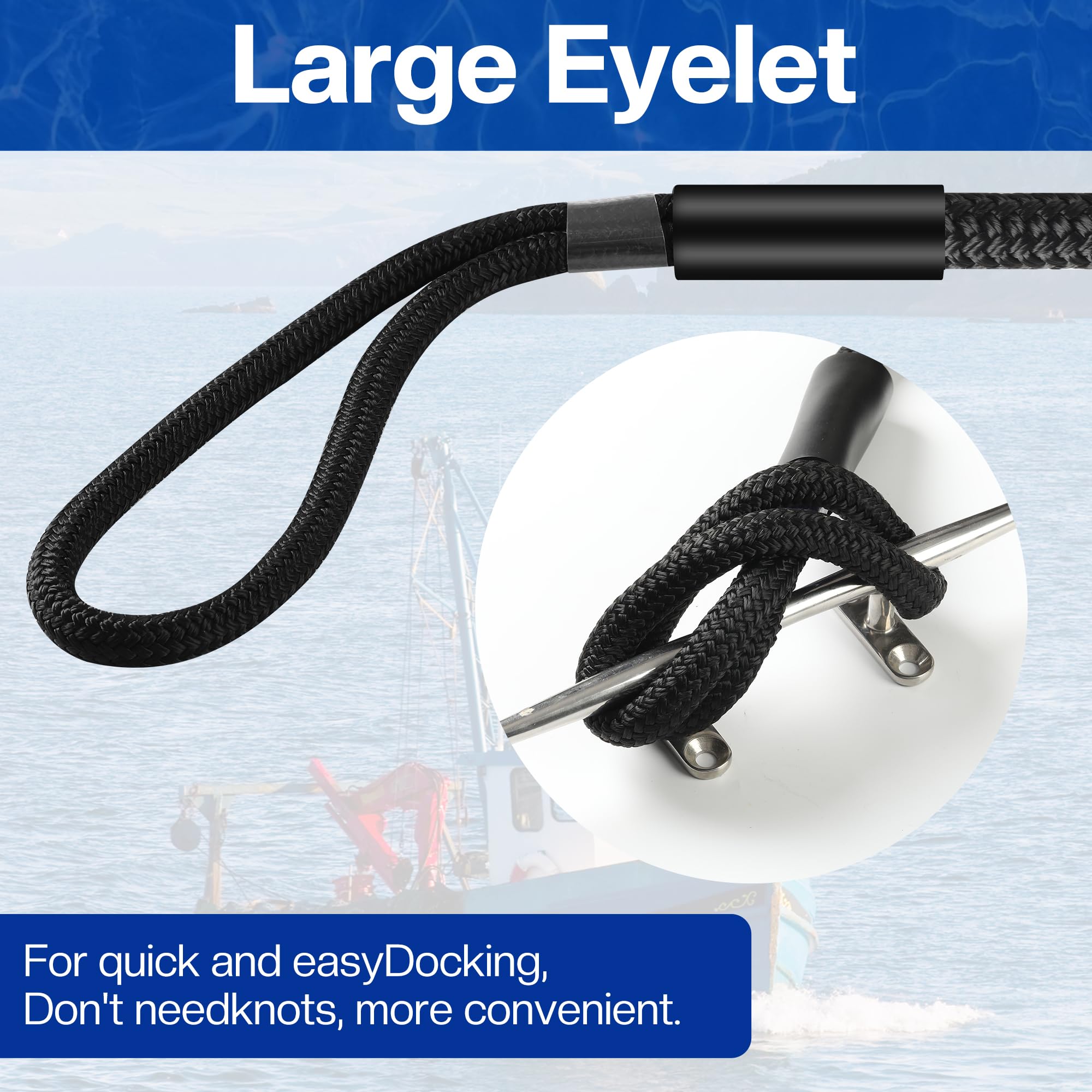 Bungee-Dockleine für Boote, 0,95 cm x 3 m, doppelt geflochtenes Nylonseil mit Edelstahl-Karabiner-Clips, schwarz, verstellbare Spannung, Festmacherseil mit Schaumstoffschwimmern, 2 Stück
