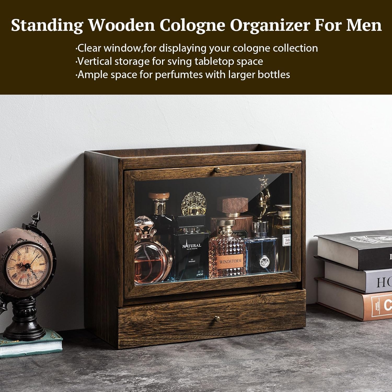 Estante de almacenamiento de colonia para hombre, organizador de perfume de tocador masculino de madera maciza, espacioso soporte de colonia a prueba de polvo con cajón, regalo perfecto para seres