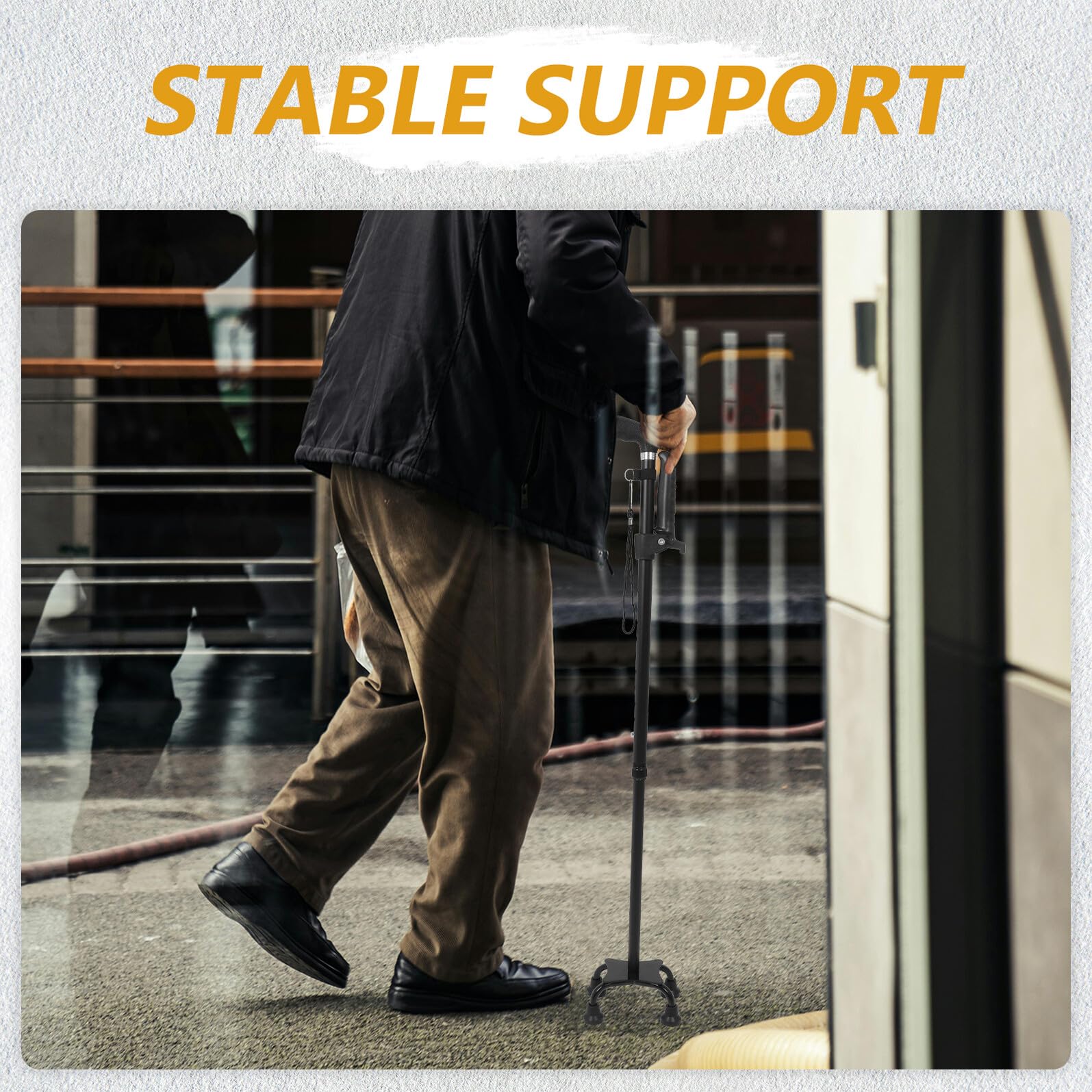 Bastón de Aluminio Ajustable para Personas Mayores, Negro | Plegable y Portátil, Mango Antideslizante Desmontable, Base de Cuatro Patas para Viaje y Exterior