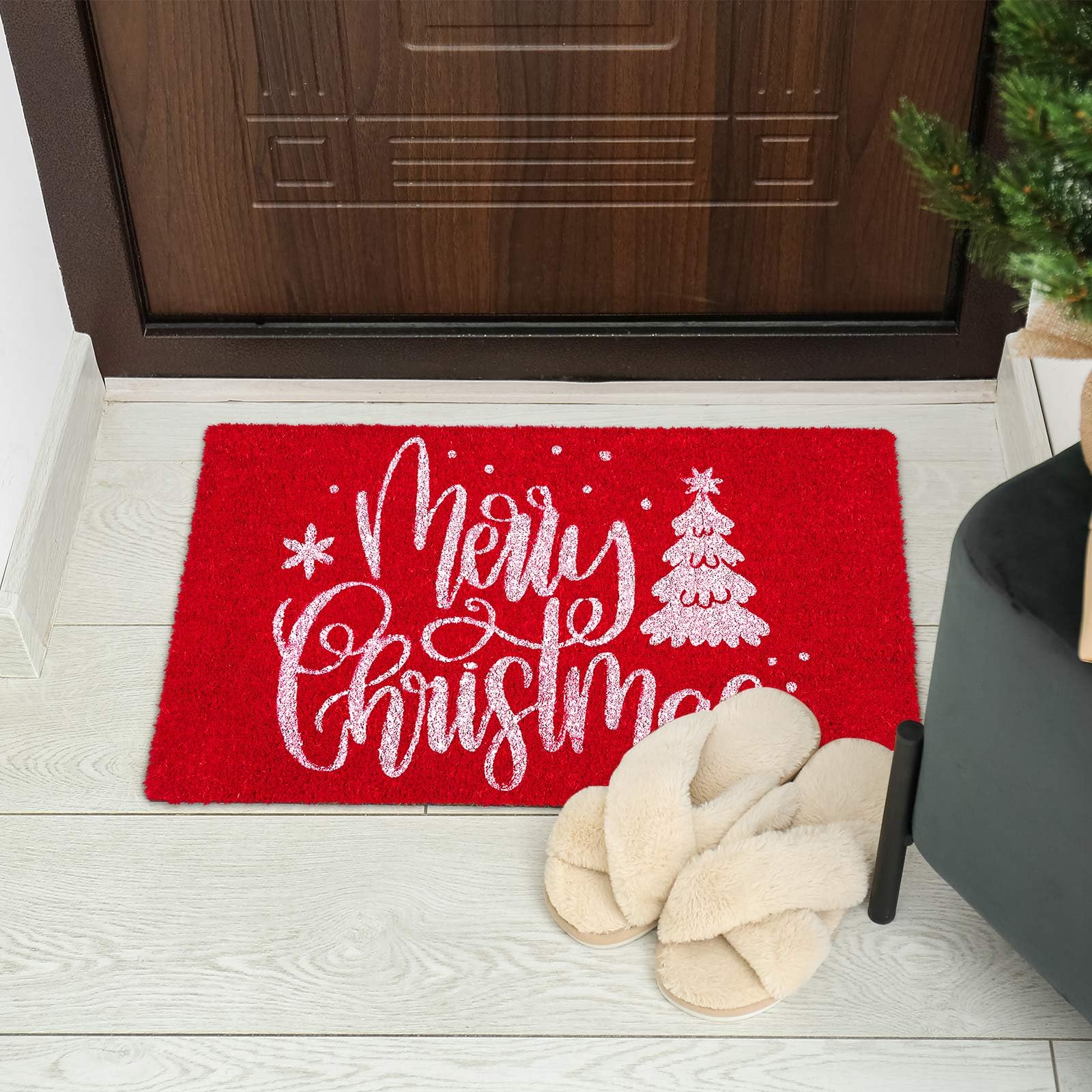 AnyDesign Frohe Weihnachten Fußmatten Natürliche Kokosfaser Fußmatte Rot Weiß Rutschfeste Bodenmatten Weihnachtsbaum Gedruckt Dekorative Eingangstür Teppiche für Weihnachten Innen Außen Badezimmer