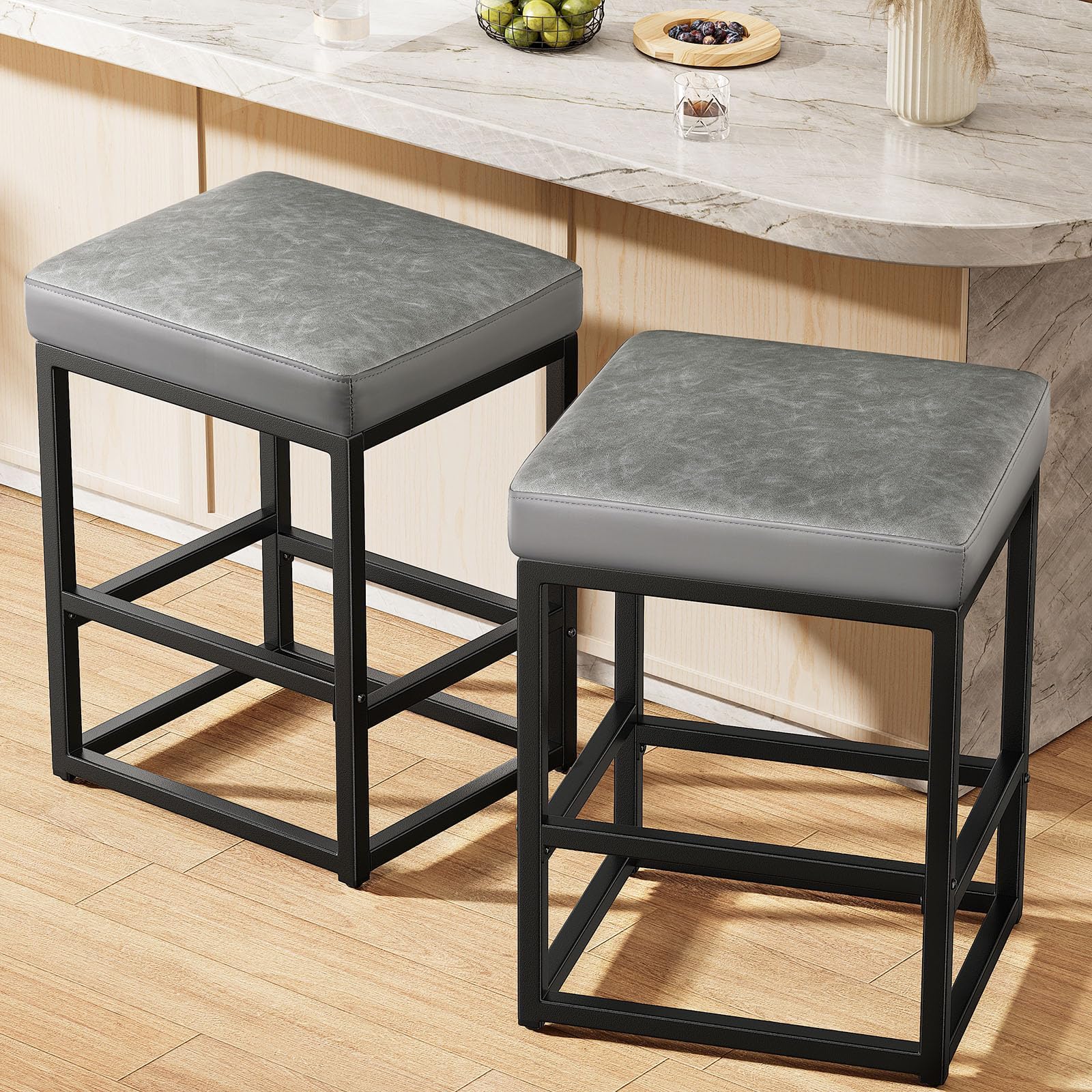 counter height bar stools set of 2, 24" barstools for kitchen countertop, faux leather counter stools with thick square seats & sturdy metal base, simple assembly, gray