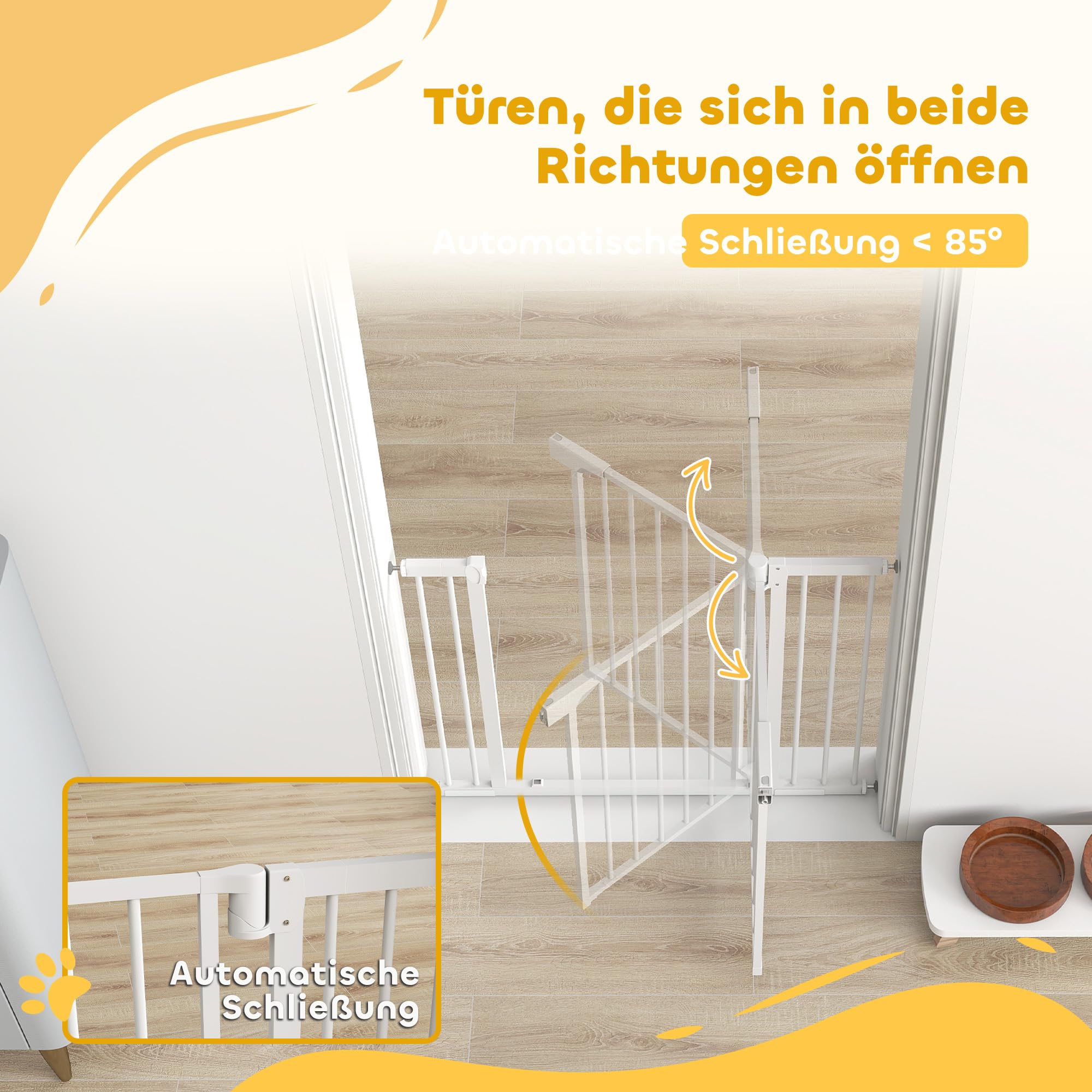 PawHut Treppenschutzgitter Ohne Bohren mit Verlängerung 76-102 x 76 cm Weiß | Absperrgitter, Hund Schutzgitter, Türschutzgitter, Automatische Schließung, Beidseitige Einhand Öffnung, für Kinder