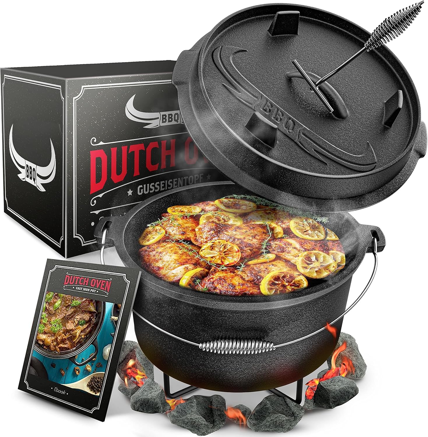 Dutch Oven Set BBQ 9L Noir En Fonte Avec Lève-couvercle Et Dessous De Plat Bbq Boss