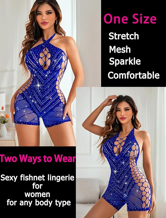 Sparkle Rhinestone Fishnet Lingerie Bodysuit | Sexy Cut-Out Romper